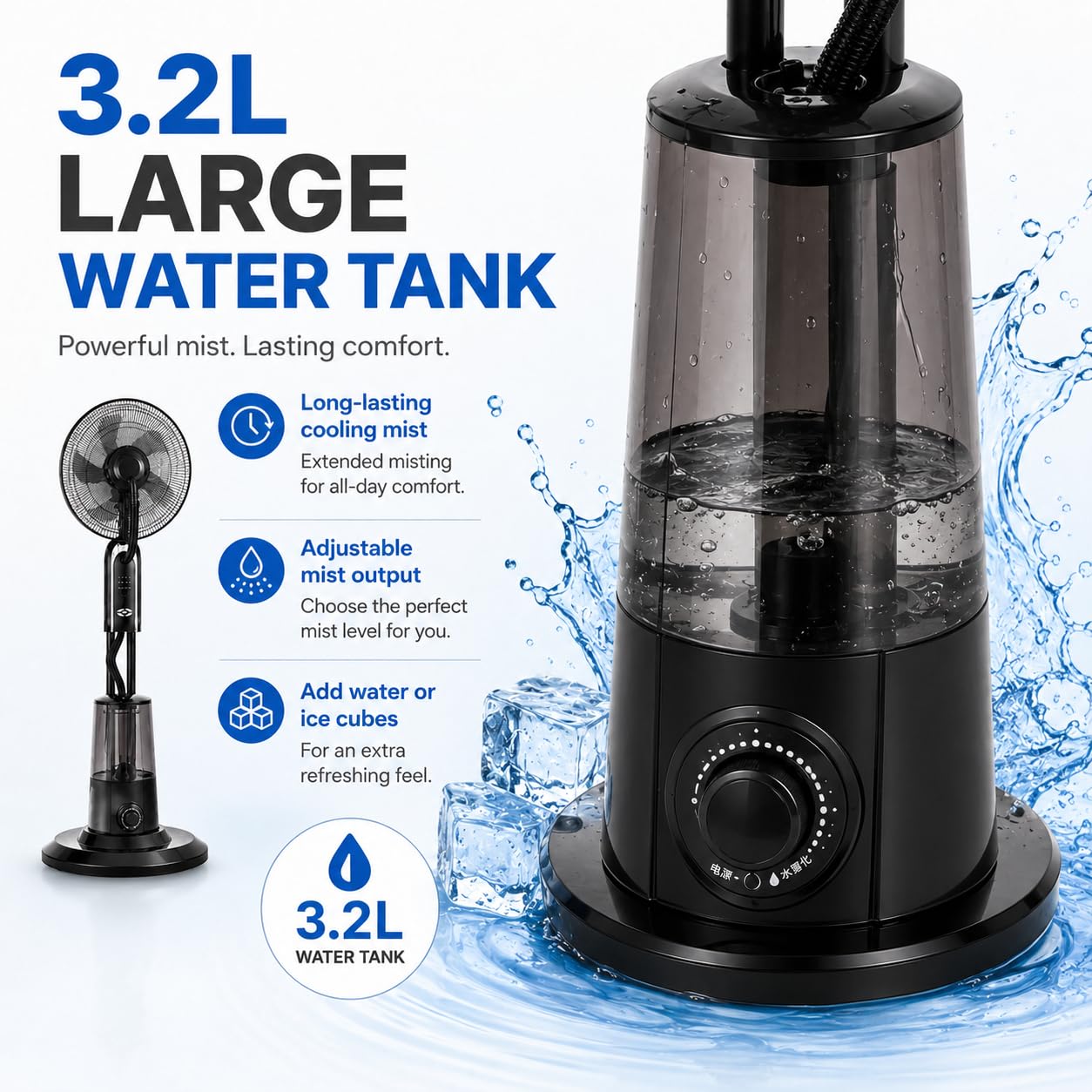 Ventilador nebulizador de pie con depósito de 3,2 L, Ventilador de 5 aspas