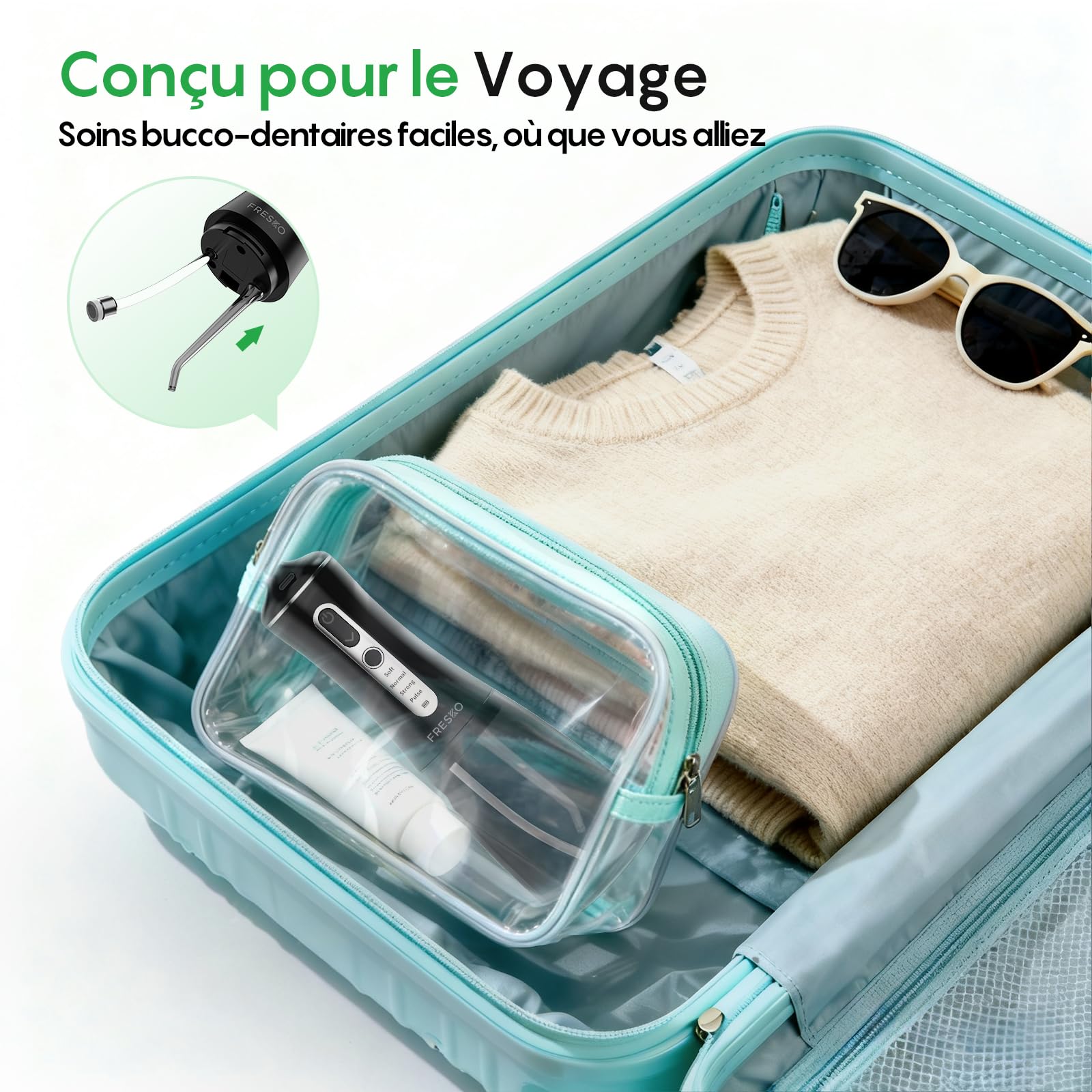 FRESKO Hydropulseur Dentaire, 300ML Irrigateur Buccal avec 4 Modes 45-105PSI, Batterie 2600mAh, Etanche IPX7, 5 Buses pour Appareils Dentaires Et Implants, Nettoyeur Dentaire Portable