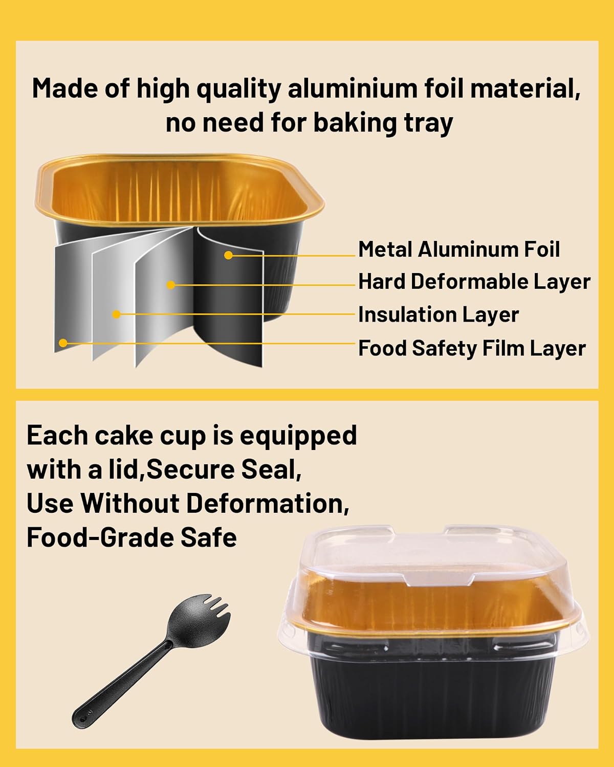 50 pack 5oz square mini cake pans with lids and spoons,aluminum foil baking cups,disposable mini loaf pans ramekins for brownie, cheesecake, mousse & wedding party favors-black black square-5oz-50pcs