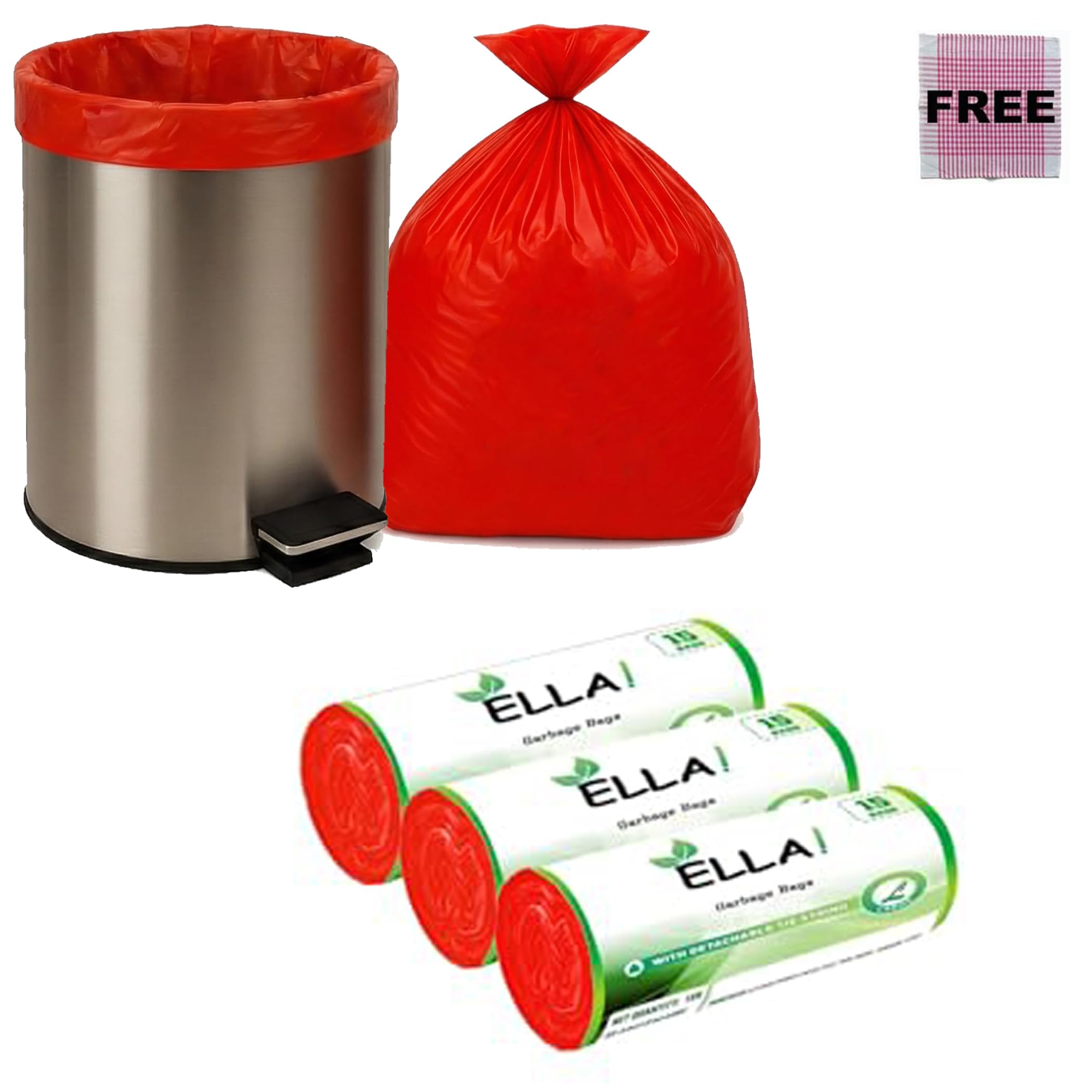 ELLA Red Garbage Bags 24 x 32 Inches 3 Rolls 45 Bags Large Size Tear Resistant Trash Covers for Wet and Dry Waste in Kitchen Bathroom Offices and Commercial Bins With Check Duster Cloth Free