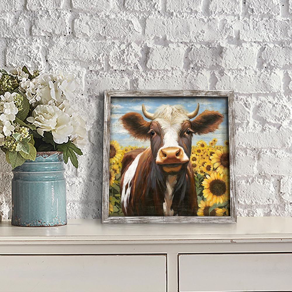 Farm Animal Wooden Wall Art: Rustic Cow with Sunflower Framed Picture Farmhouse Painting Artwork for Bedroom