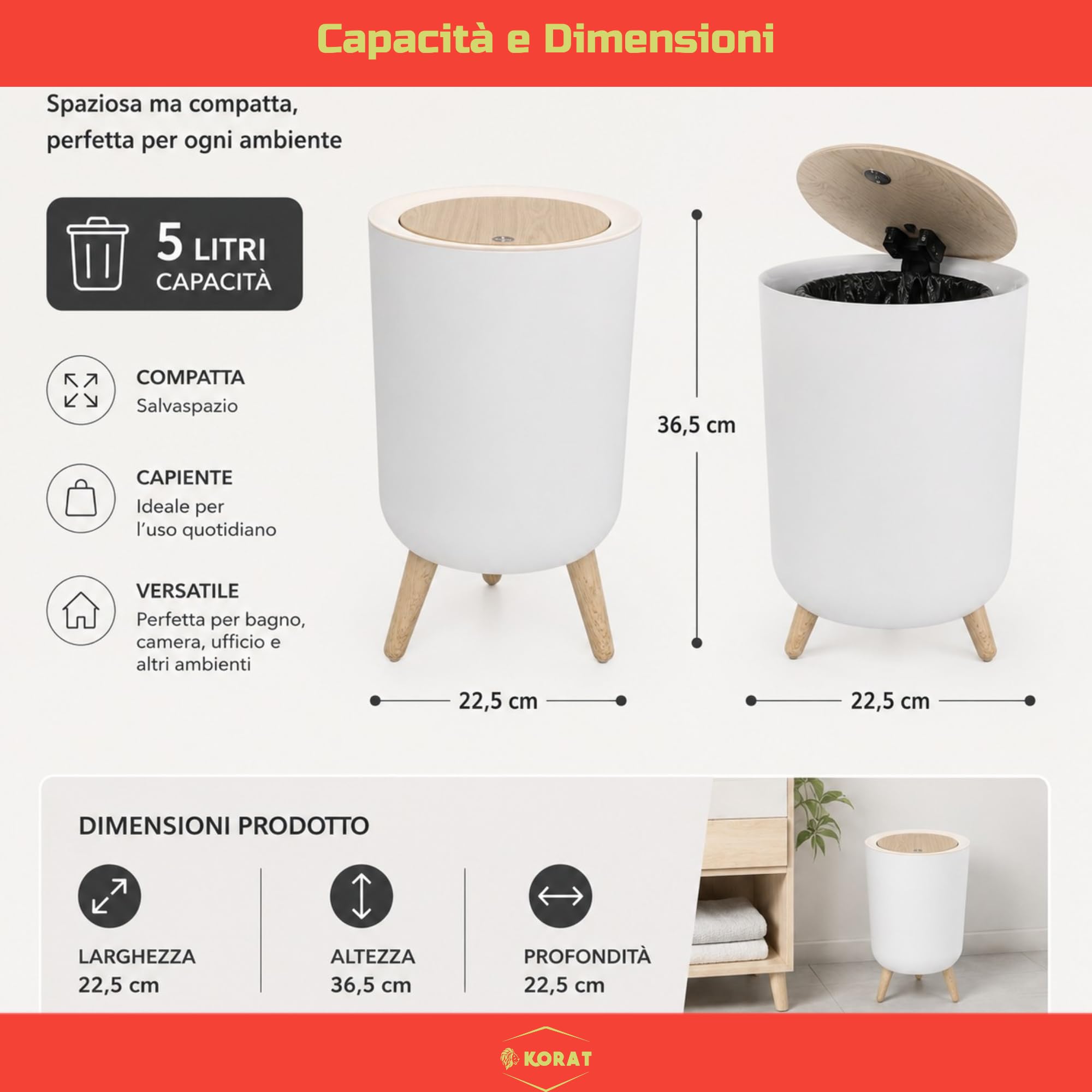 KORAT Cestino Pattumiera Bianca 7 Litri – Pattumiera in Metallo con Coperchio Effetto Push e Piedi in Bambù, Design Scandinavo, 22,5x22,5x36,5 cm