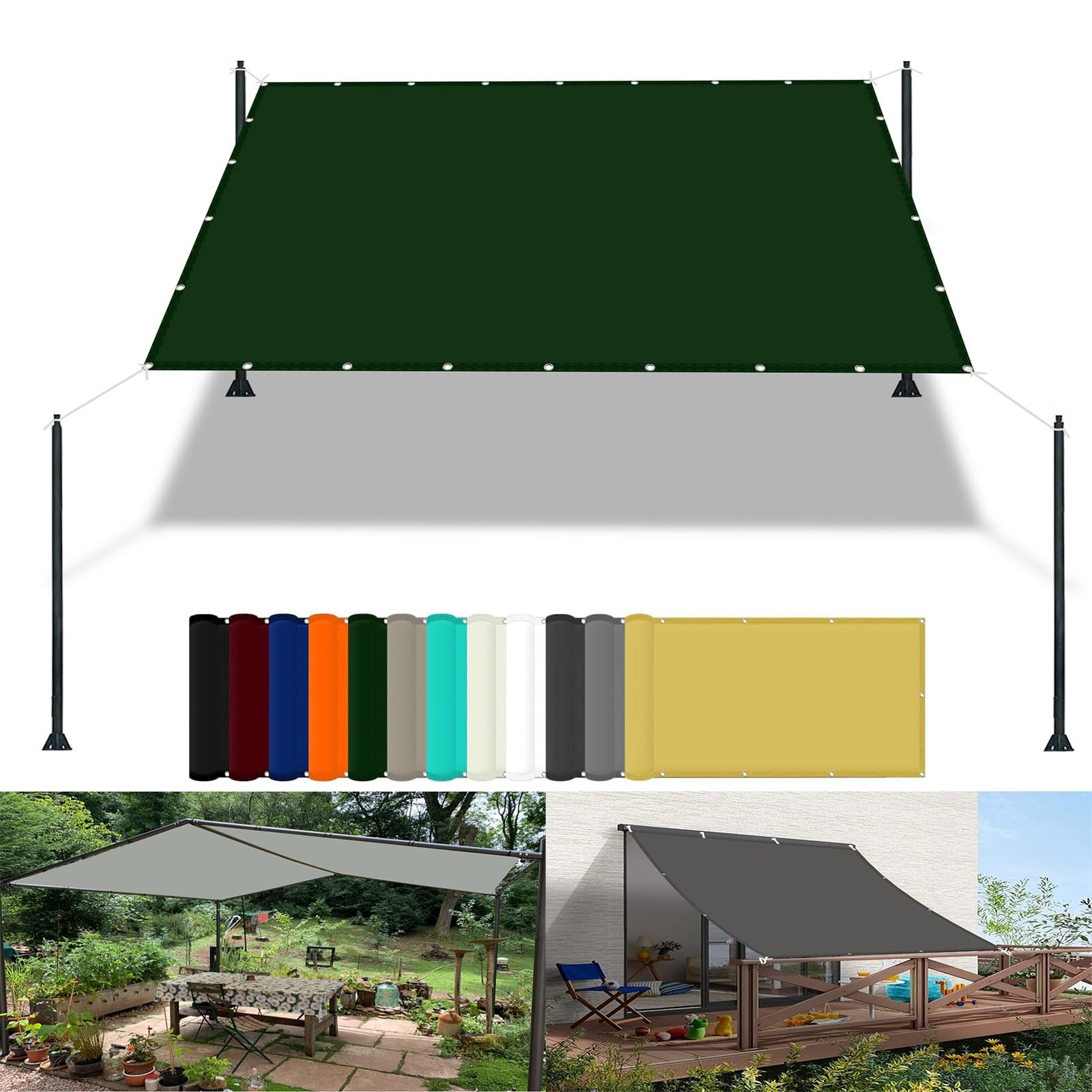 Pergola Canopy 0.7 x 2 m(2.3 x 6.6ft) Waterproof Canopy Outdoor with Free Rope UV Block Weather-Resistant with Grommets Pes Sunsail for Camping Beach Deck Porch, Dark Green — image 1