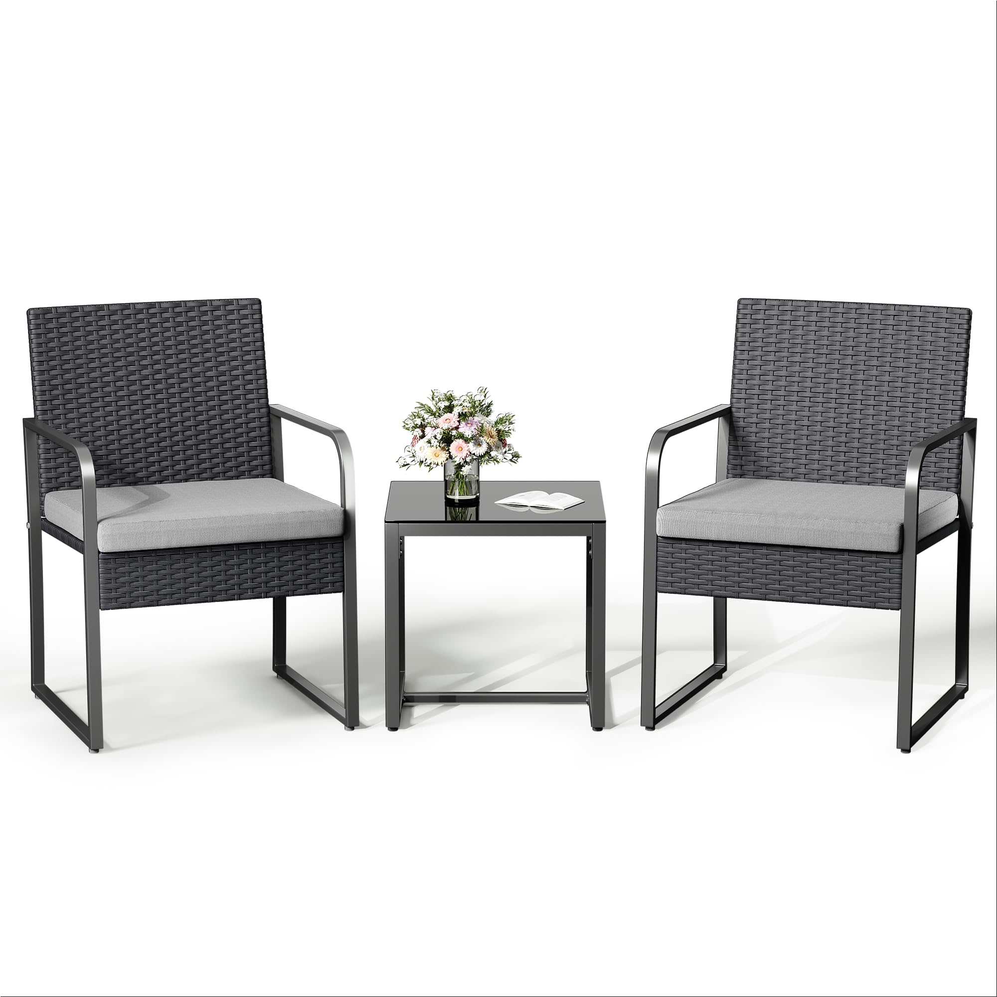 Set Giardino in Rattan per 2 Persone, Mobili da Esterno in Vimini con Cuscini, Tavolino e 2 Sedie per Terrazza, Balcone, Giardino o Piscina (grigio)
