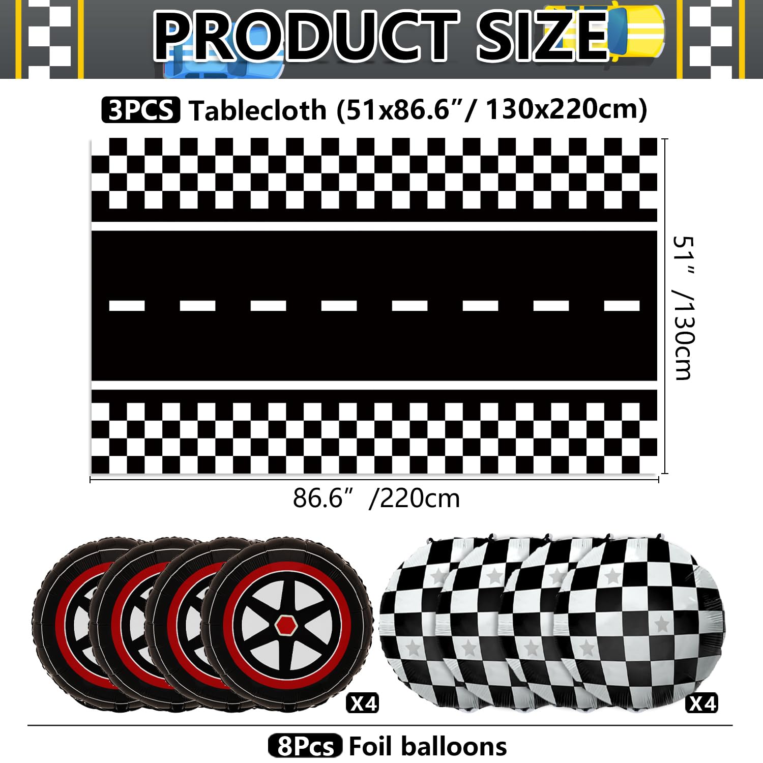 Race Car Party Decorations Set - 3 Checkered Tablecloths & 8 Foil Balloons For Racing Theme