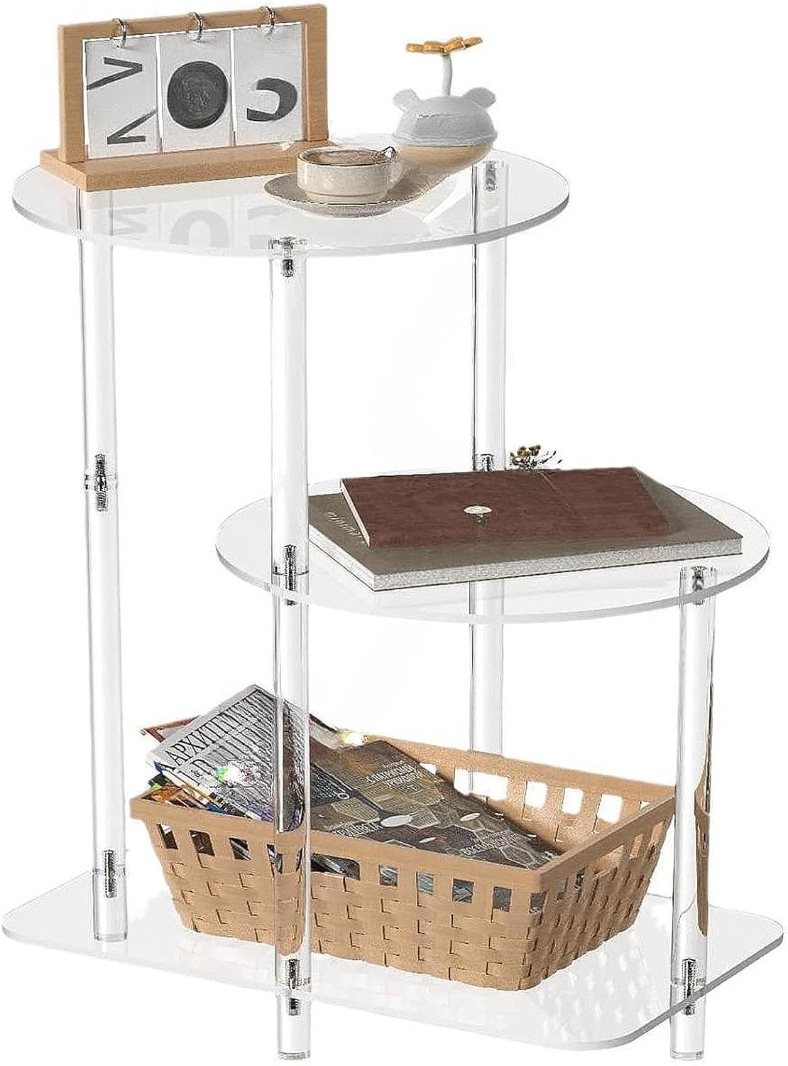 Acrylic Side Table Clear Organizer 3 Layer NightStand for Office Home Dessert, Round