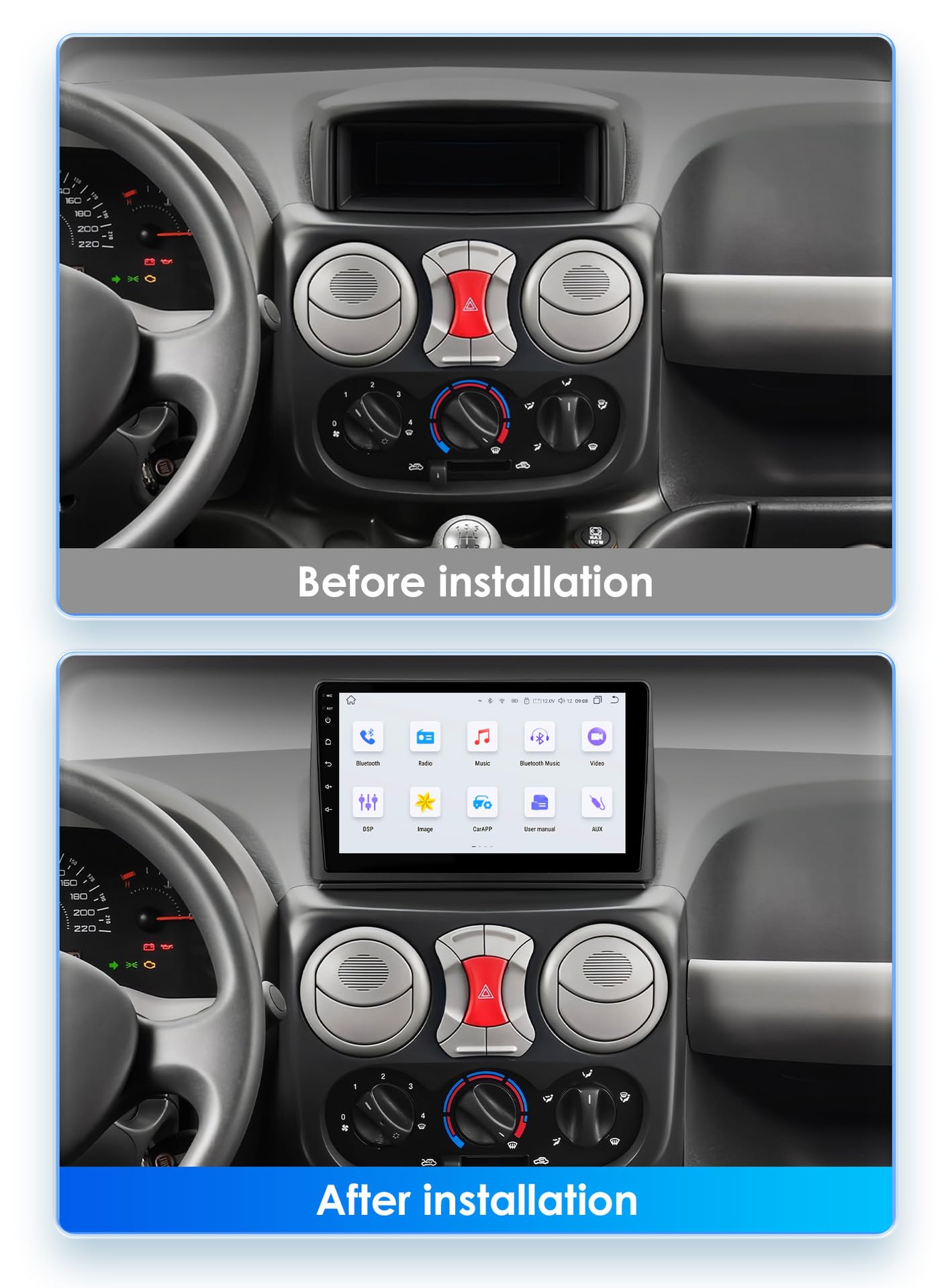 Autorradio Android 15 Para F-iat Doblo 2002-2009 Con CarPlay Inalámbrico Android Auto Pantalla Táctil De 9 Pulgadas GPS WiFi SWC Bluetooth FM/RDS Mirror Link USB Cámara De Marcha Atrás DAB+(Size:M500)