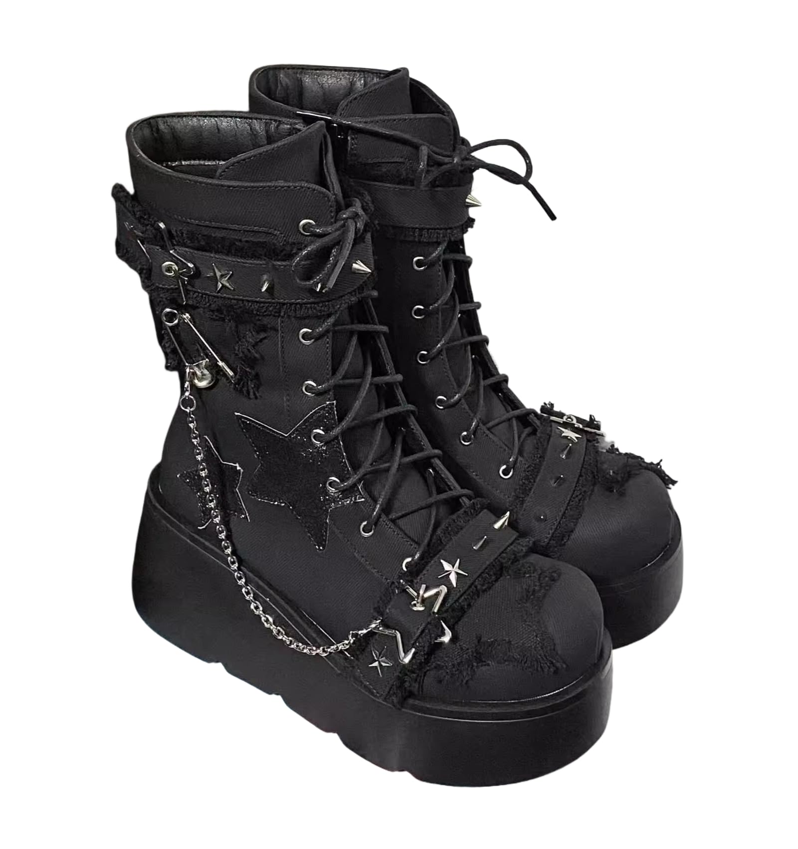 ZQW Canvas Ankle Boots for Women Chunky Platform Lace Up Booties with Side Zipper Star Metal Studs Punk