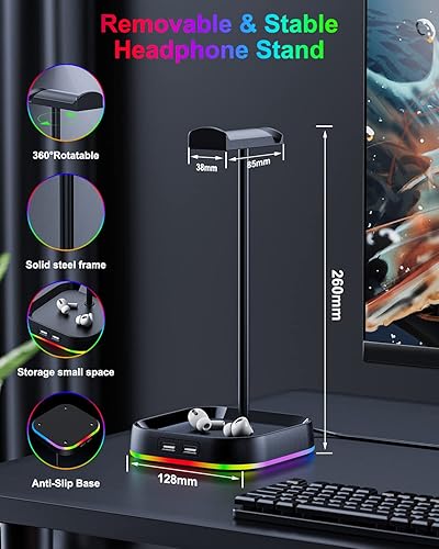 Miniatura 6 de Soporte de auriculares RGB para juegos para escritorio, soporte para auriculares, almacenamiento de auriculares con 3 puertos USB y AUX de 0.138 in,