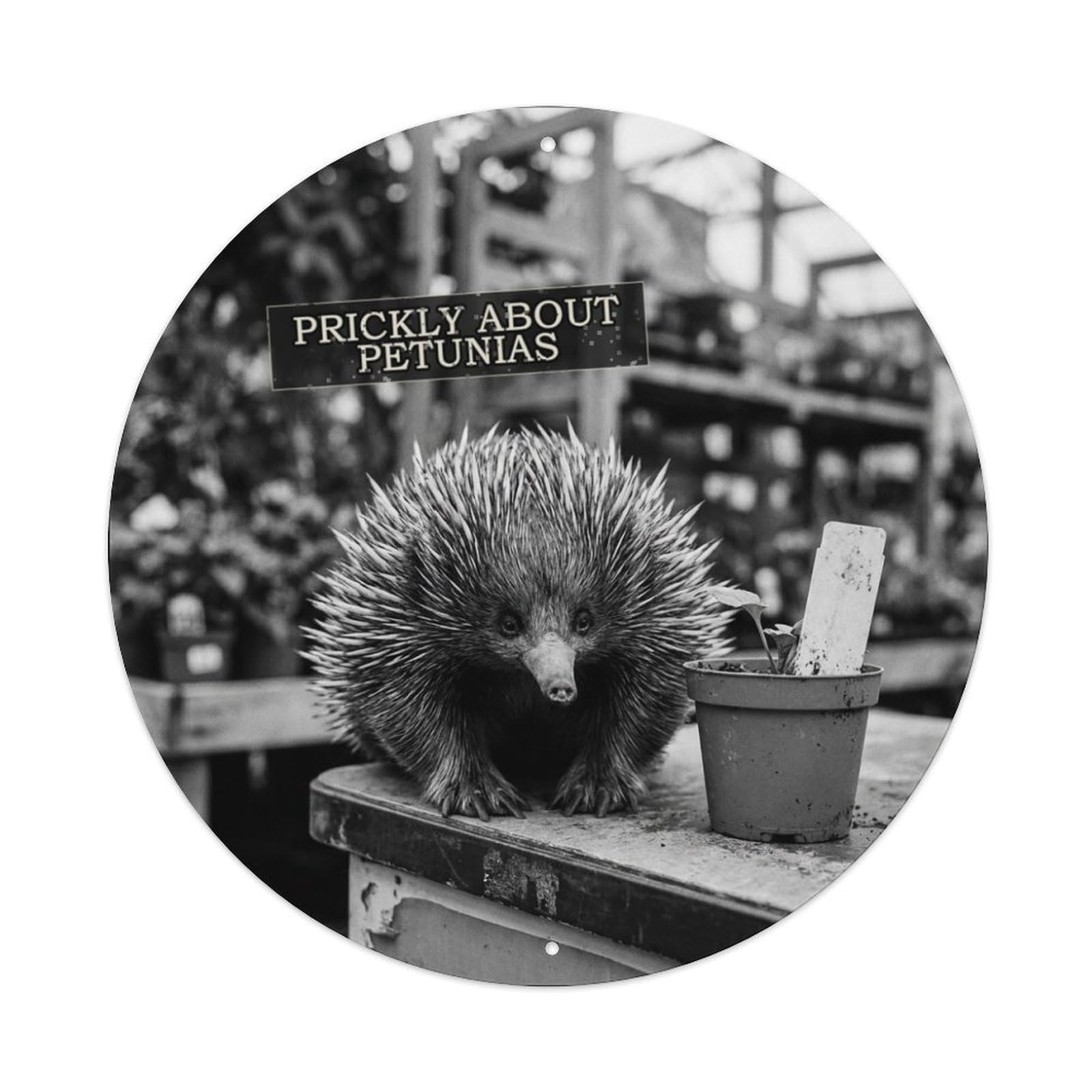 Wildlife Echidna Garden Center Checkout Comic Animal Humor Metal Tin Sign Plaque Wall Decor for Cafe, Man Cave, Club Bar, Office, Home Garden Round Metal Poster 8x8Inch