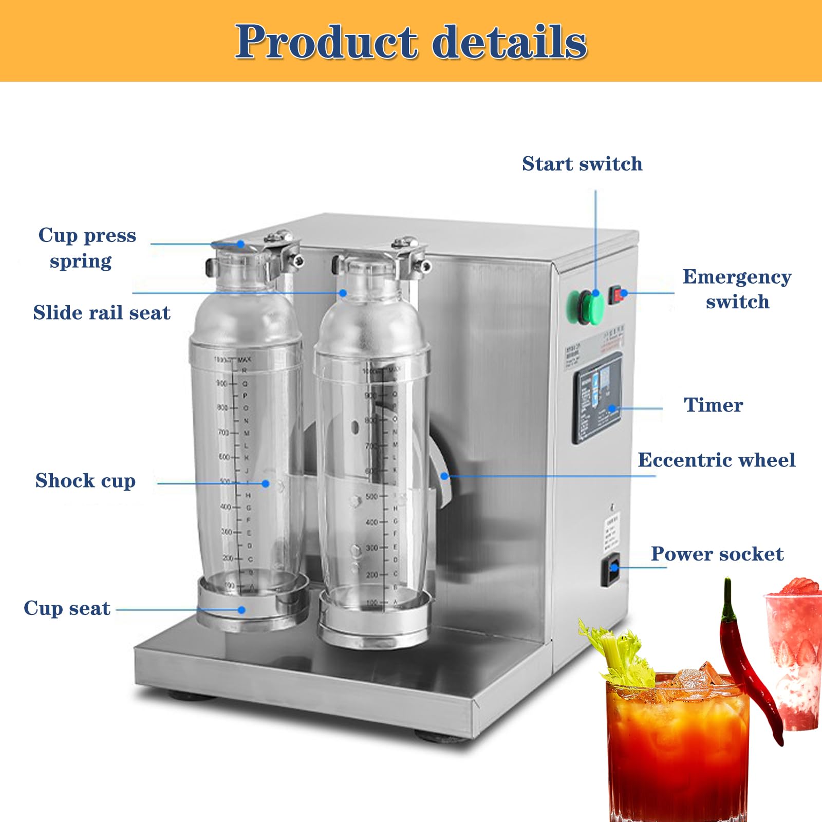 Máquina eléctrica de coctelera de té con leche, mezclador automático de doble cabezal para Boba, cócteles, jugo y café, 120 W con temporizador ajustable, se adapta a tazas de 350 ml a 1000 ml para el