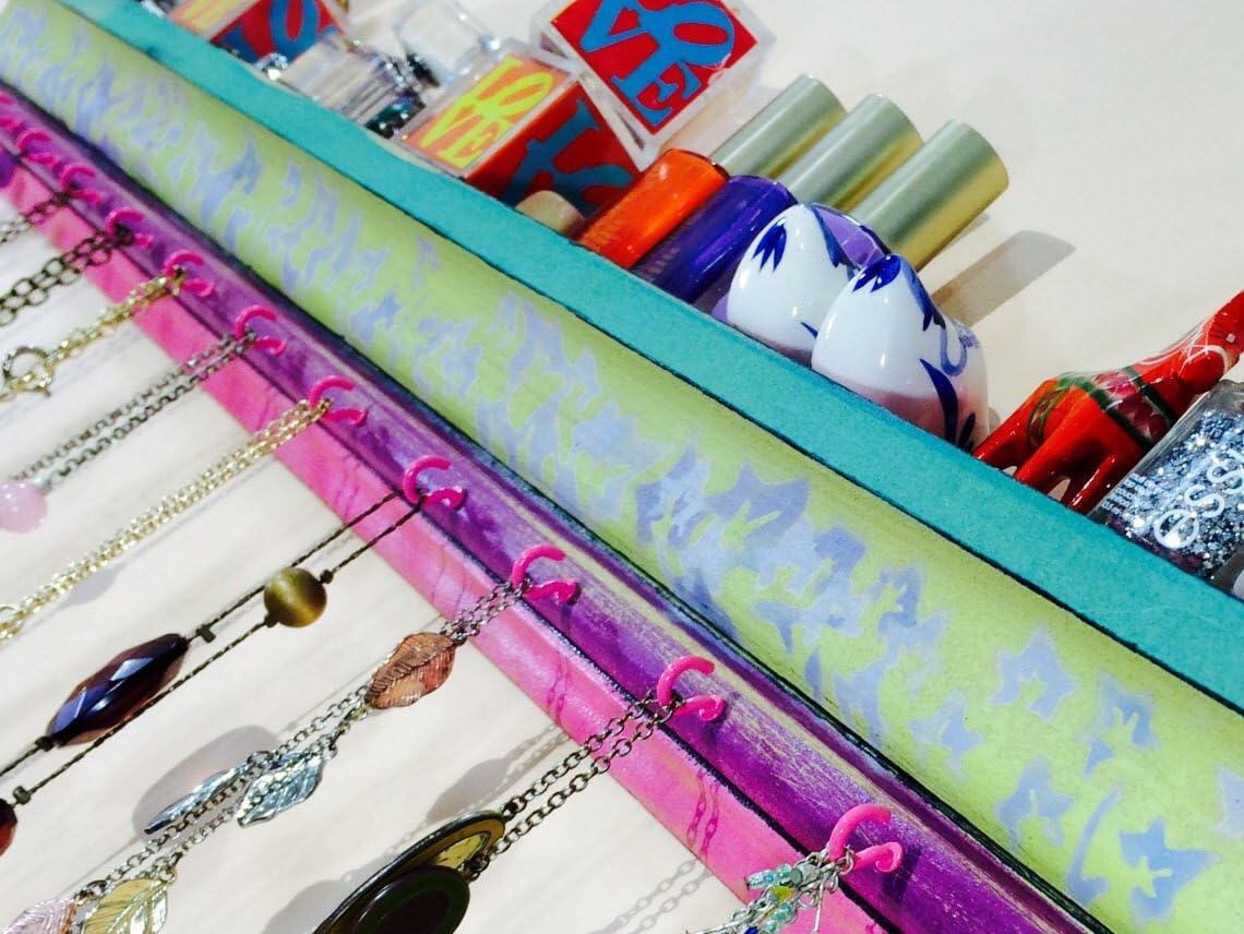 ThePovertyBarn Made to order Recycled wood crown molding necklace holder wall organizer/ hanging storage jewelry hanger stenciled ivy 14 hot pink hooks