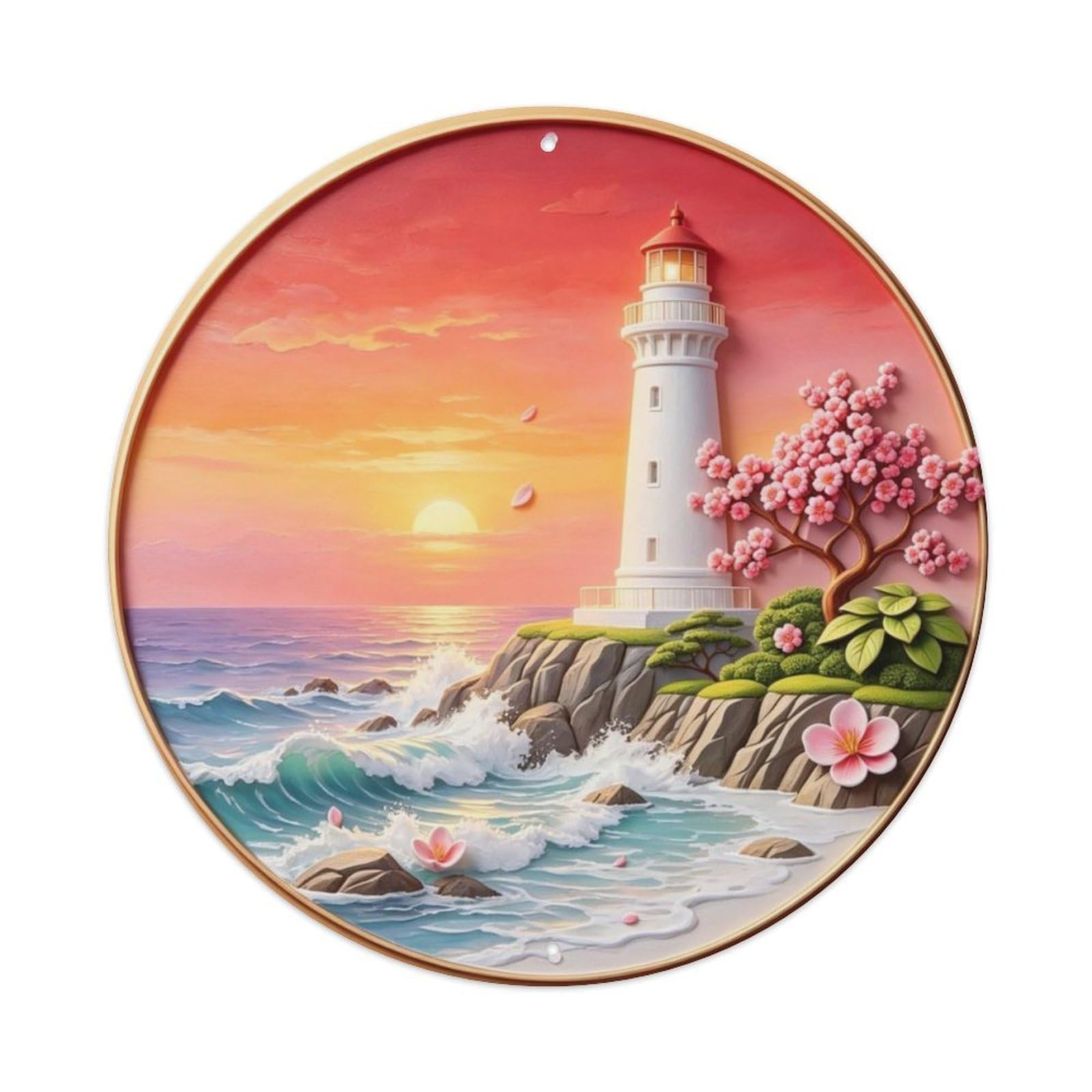 Coastal Lighthouse Sunset Metal Tin Sign Plaque