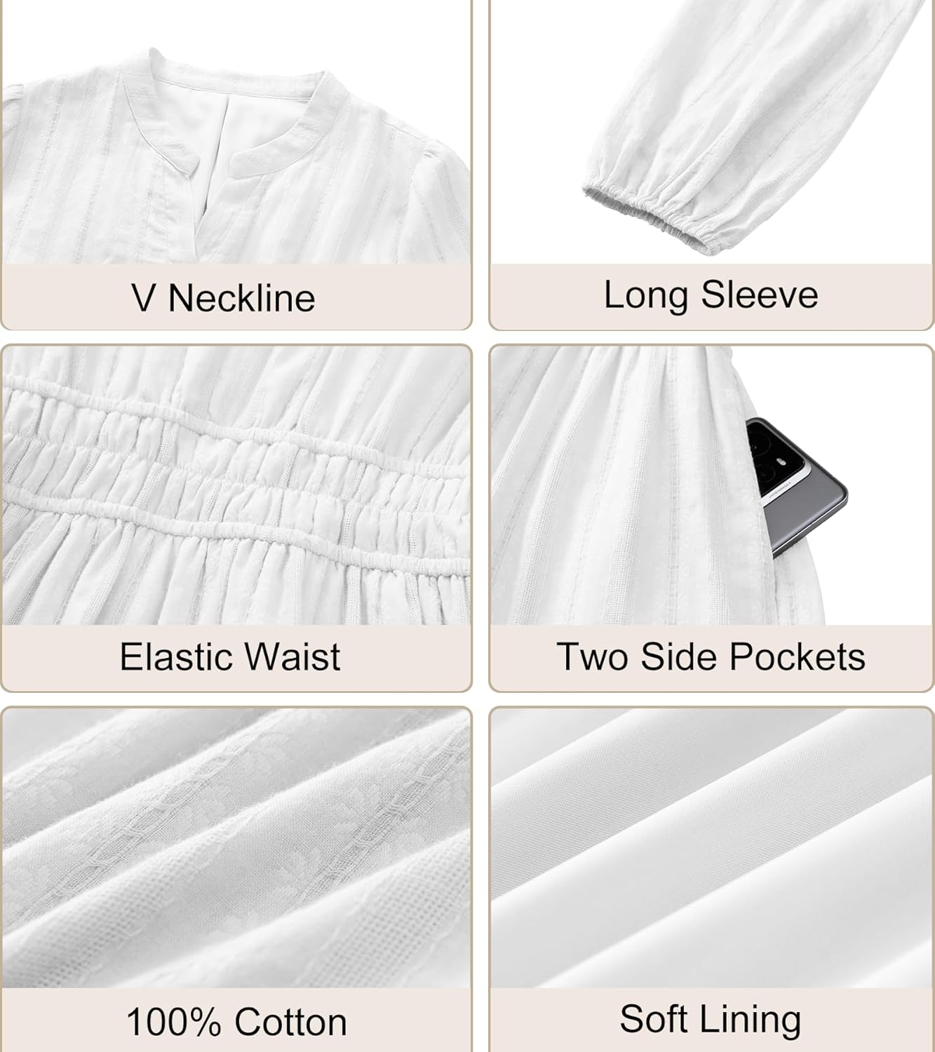 Fall Dresses for Women Long Sleeve Elastic Waist Soft Maxi Wedding Guest V Neck Dress with Pockets 2025 Casual White Small - Image 7