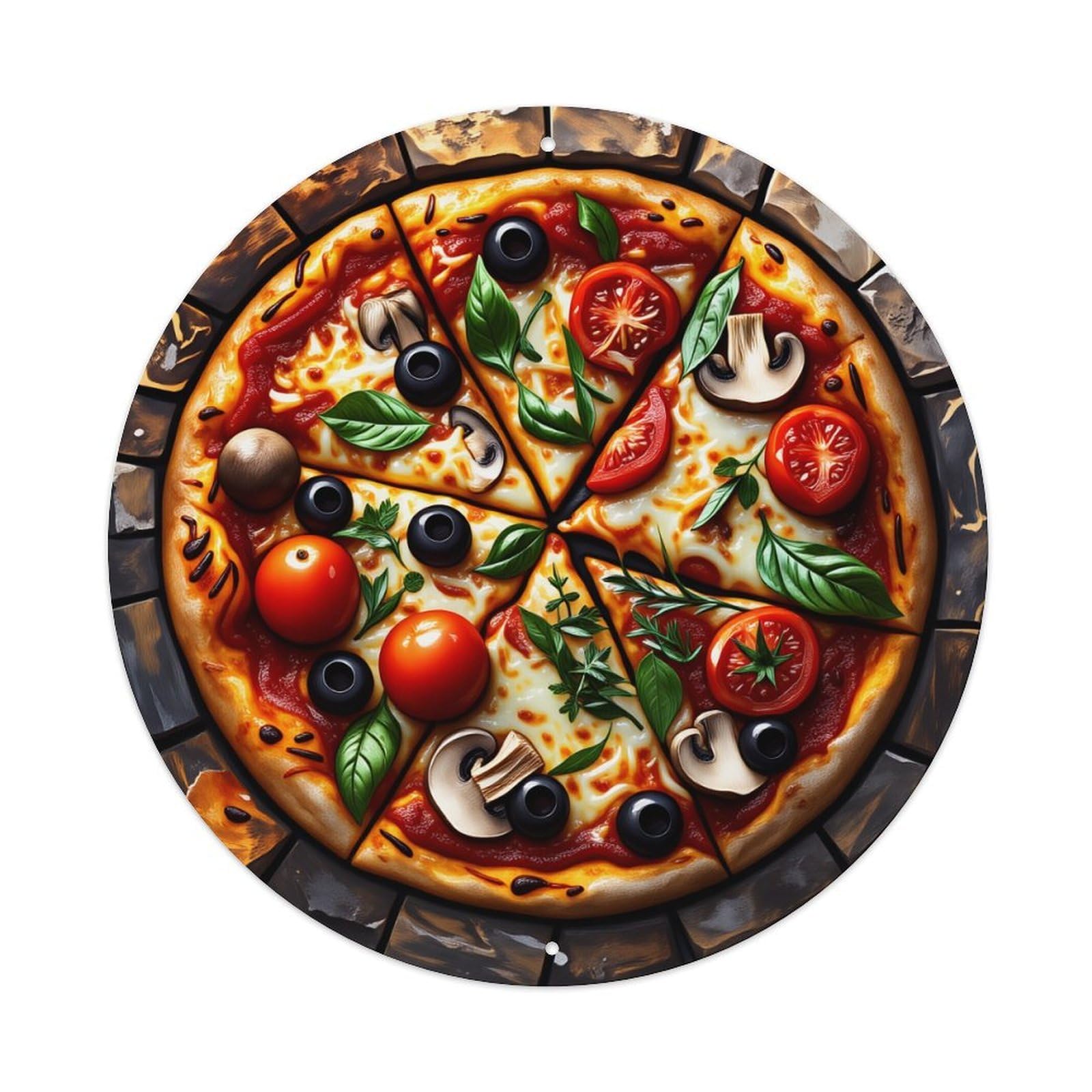 Wmlzdnwr Vintage Pizza With Tomatoes Mushrooms Olives Basil Cheese Round Tin Sign,Retro Wall Art,Metal Poster For Home, Bar, Garage, Cafe, Rustic Indoor & Outdoor Decor, 8X8 Inches