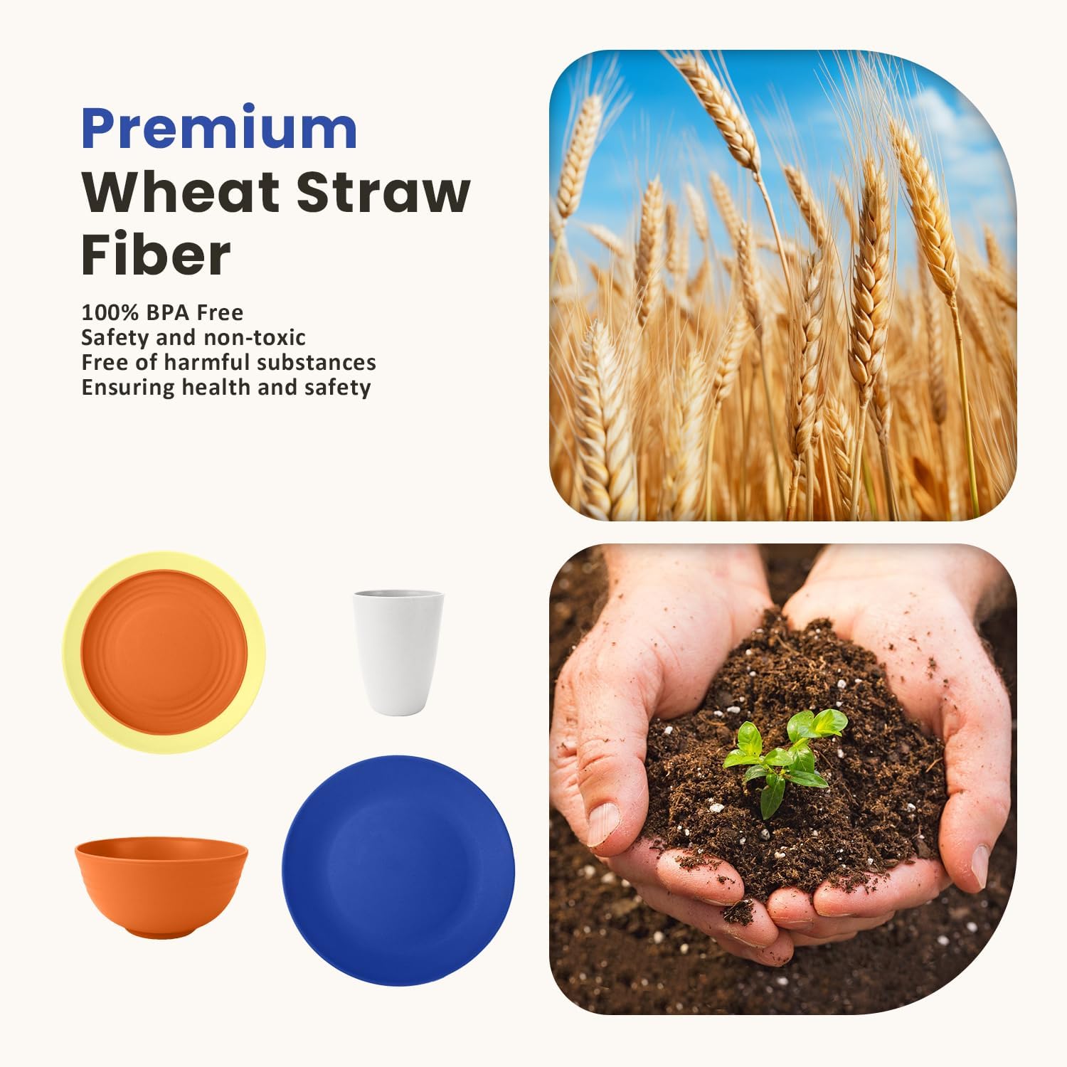 Homienly 40-Piece Wheat Straw Dinnerware Sets, Unbreakable Reusable Dinnerware Set, Service for 8, Kitchen Cups Plates and Bowls Set, Dishwasher Microwave Safe Dishes Set for Camping, Party - Mondrian - Image 3