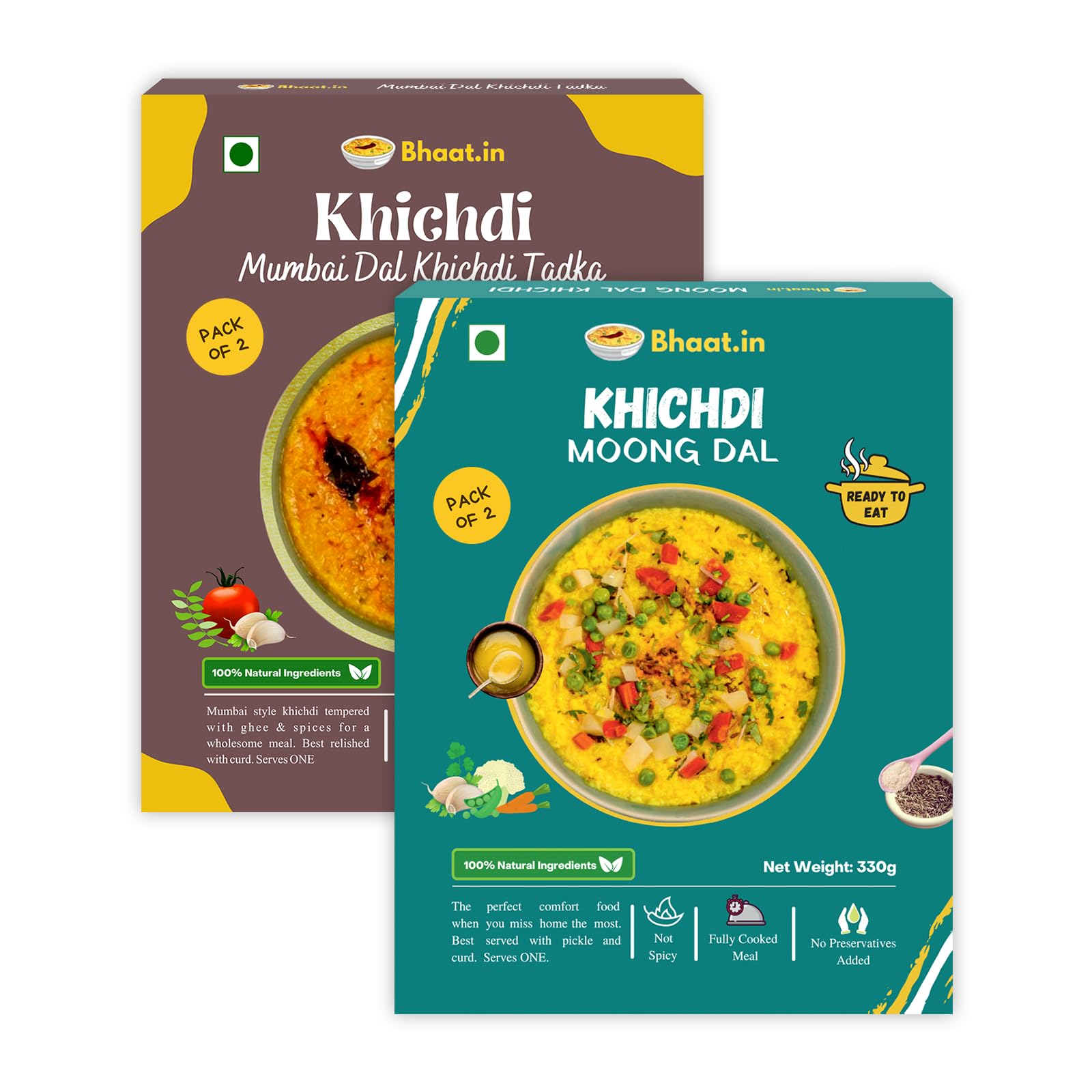Bhaat.in Moong Dal Khichdi + Mumbai Dal Khichdi Combo Pack | Ready-to-Eat Instant Meal | Pack of 4 (2 x 300g) | Vegetarian, Protein & Fiber-Rich | Made with Desi Ghee | Travel-Friendly & Quick Meal | No Preservatives | Kids & Family-Friendly