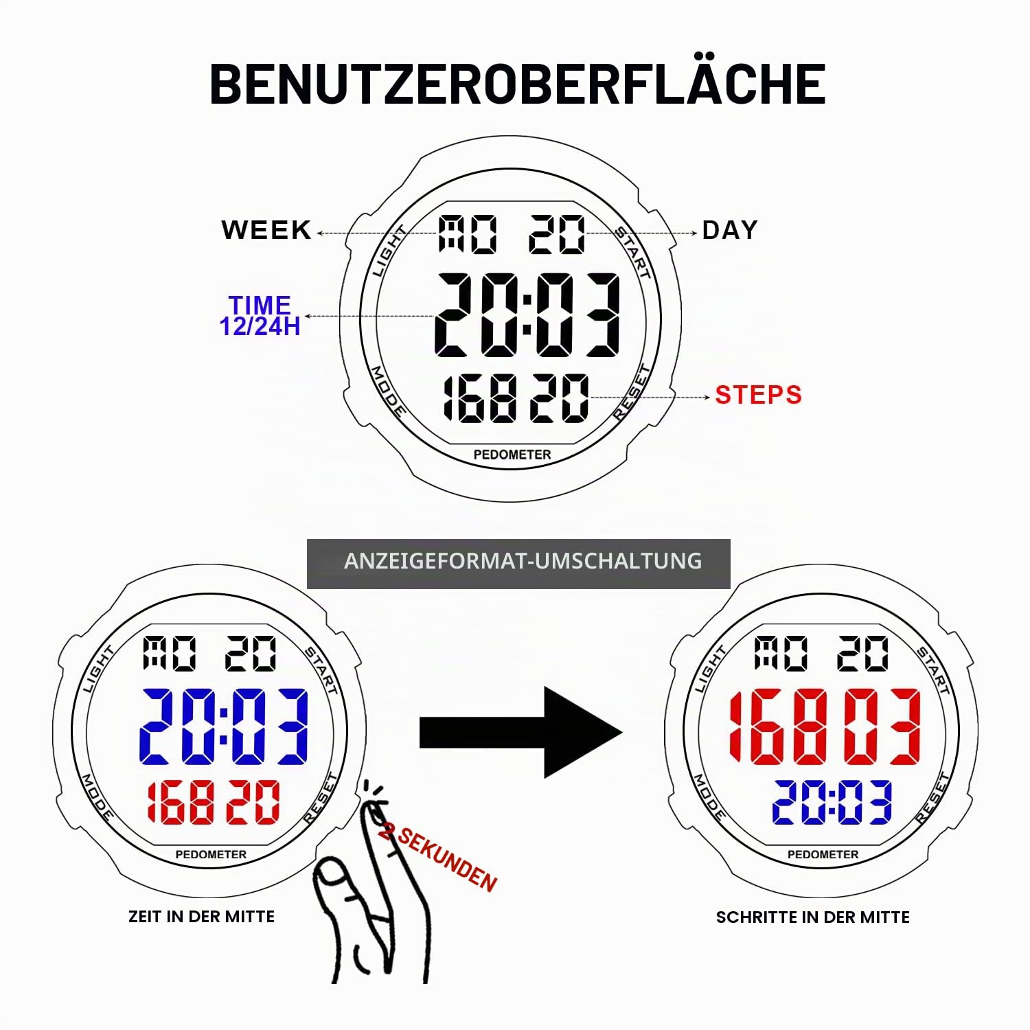 Sport Wasserdicht Schrittzähler Uhr zum Gehen Kein Aufladen Keine App Verbindung Mit EL Hintergrundbeleuchtung Einfache, Praktische Wahl Für Mobile-Free Fitness Enthusiasten TIMEURE-2308