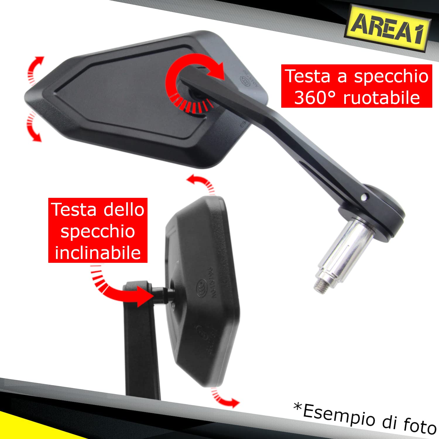 Area1 Specchietti Retrovisori Moto Universali da Manubrio, Coppia Omologata E – Compatibili con Duke SMC/R MT07 MT09 MT10 Z900 Z650 Z500 Z125 CMX CB 500 Hornet SV650 XSR F900R M1000R/XR R18 Brutale