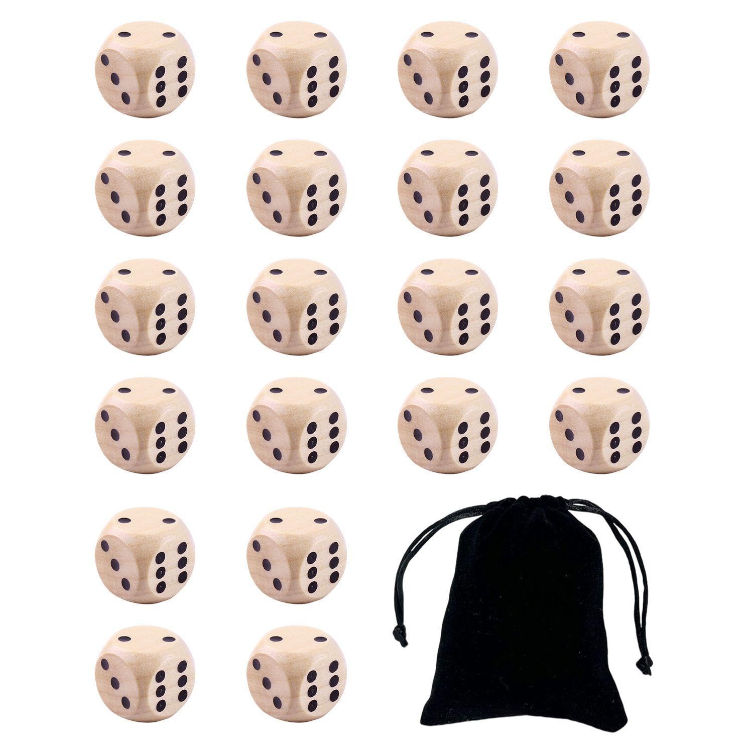 WUFGWBD 20 Black Dot Wooden Dice, 1 Storage Bag, Cube Game Dice, Family Party Game, Wood Color