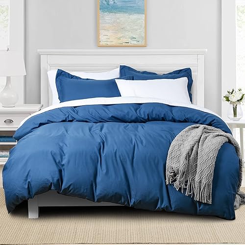 Miniatura 8 de David's Home Funda de edredón tamaño individual azul marino, funda suave y ligera con cierre de cremallera y lazos en las esquinas, ropa de cama de