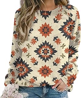 ZOCAVIA Sudaderas aztecas occidentales para mujer, diseño retro étnico, cuello redondo, manga larga, camiseta casual de otoño