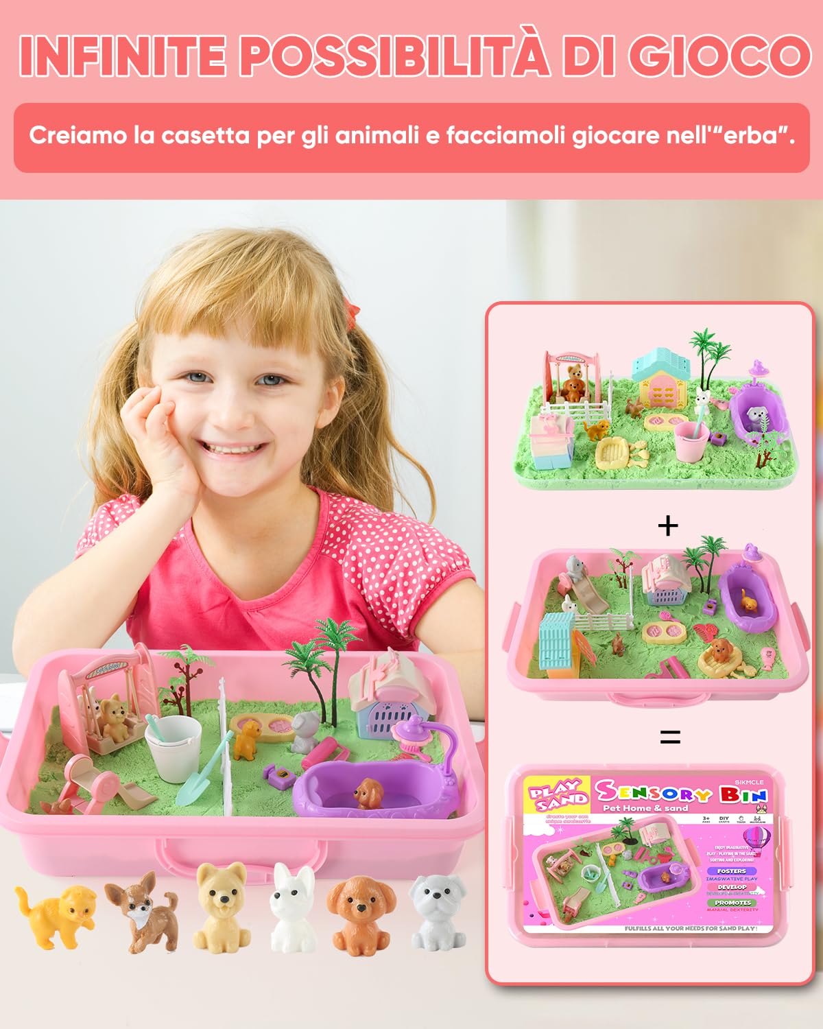 Sikmcle 32 contenitori sensoriali per animali domestici e kit di sabbia sensoriale modellabile, set da gioco per animali domestici con sabbiera, giocattoli per cani e gatti, per bambini dai 3 ai 7