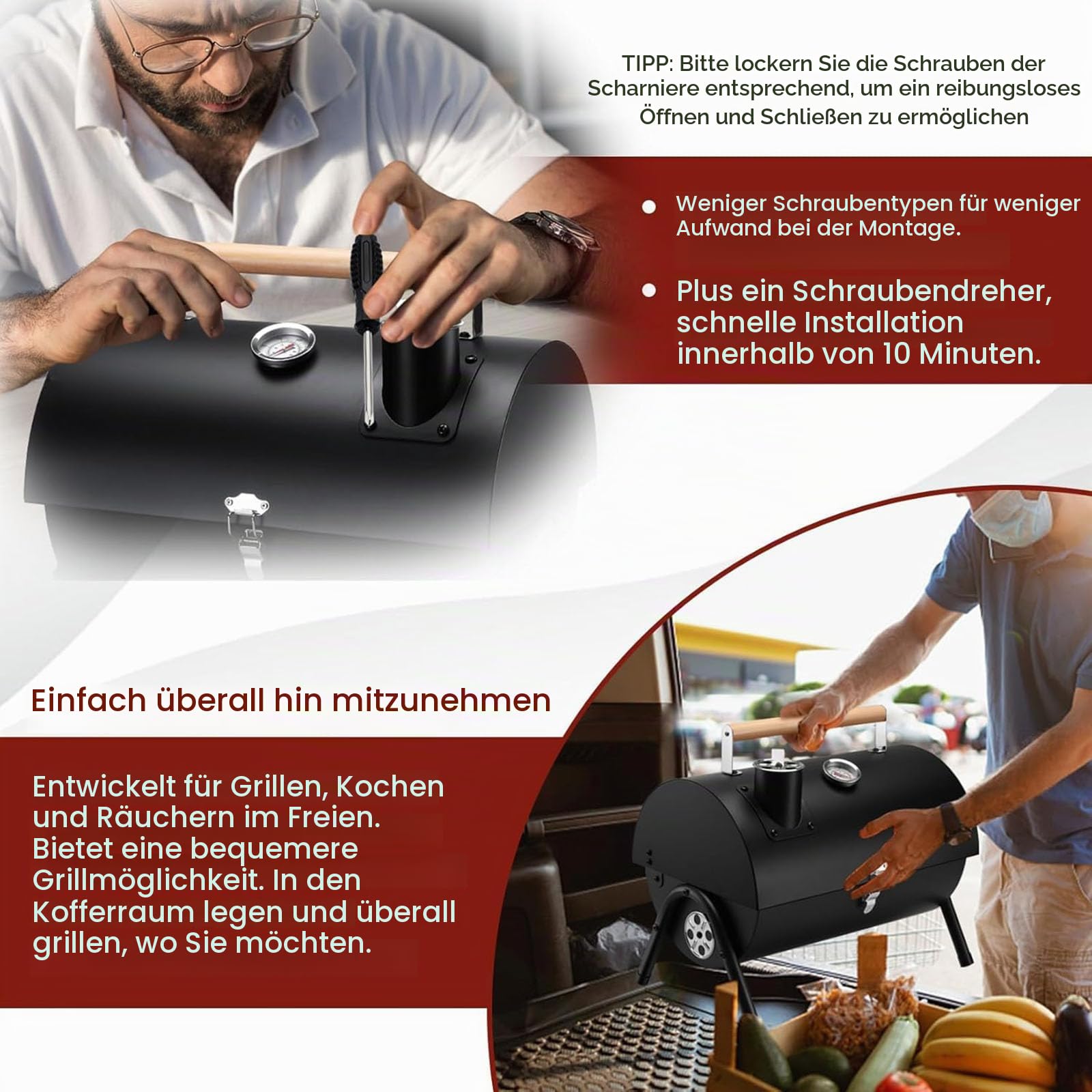 Tragbarer Holzkohlegrill mit Deckel und Thermometer, Tischgrill | Kompakter Tischgrill für 1-3 Personen mit 34 × 22 cm Grillfläche, 0–350 °C Thermometer und Luftregulierung