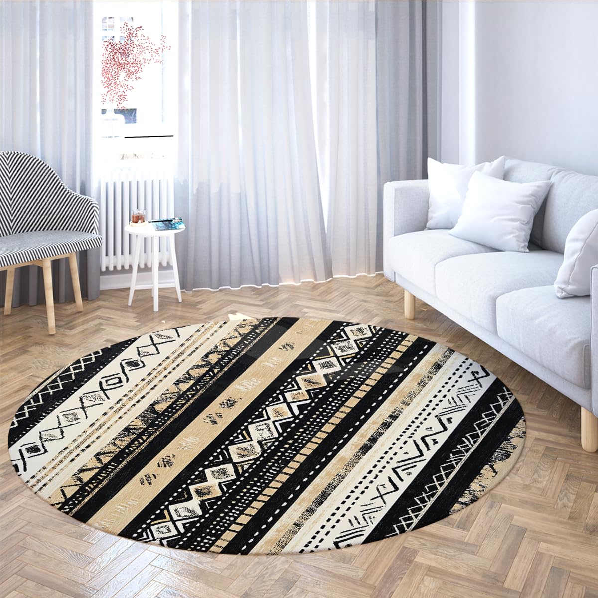 Tappeti Boho Retro Textured Circle Area Tappeto Azteco Tappeto Circolare Distressed Lavabile Senza Spargimento Zerbino Per Camera Da Letto Lavanderia Cucina 80cm