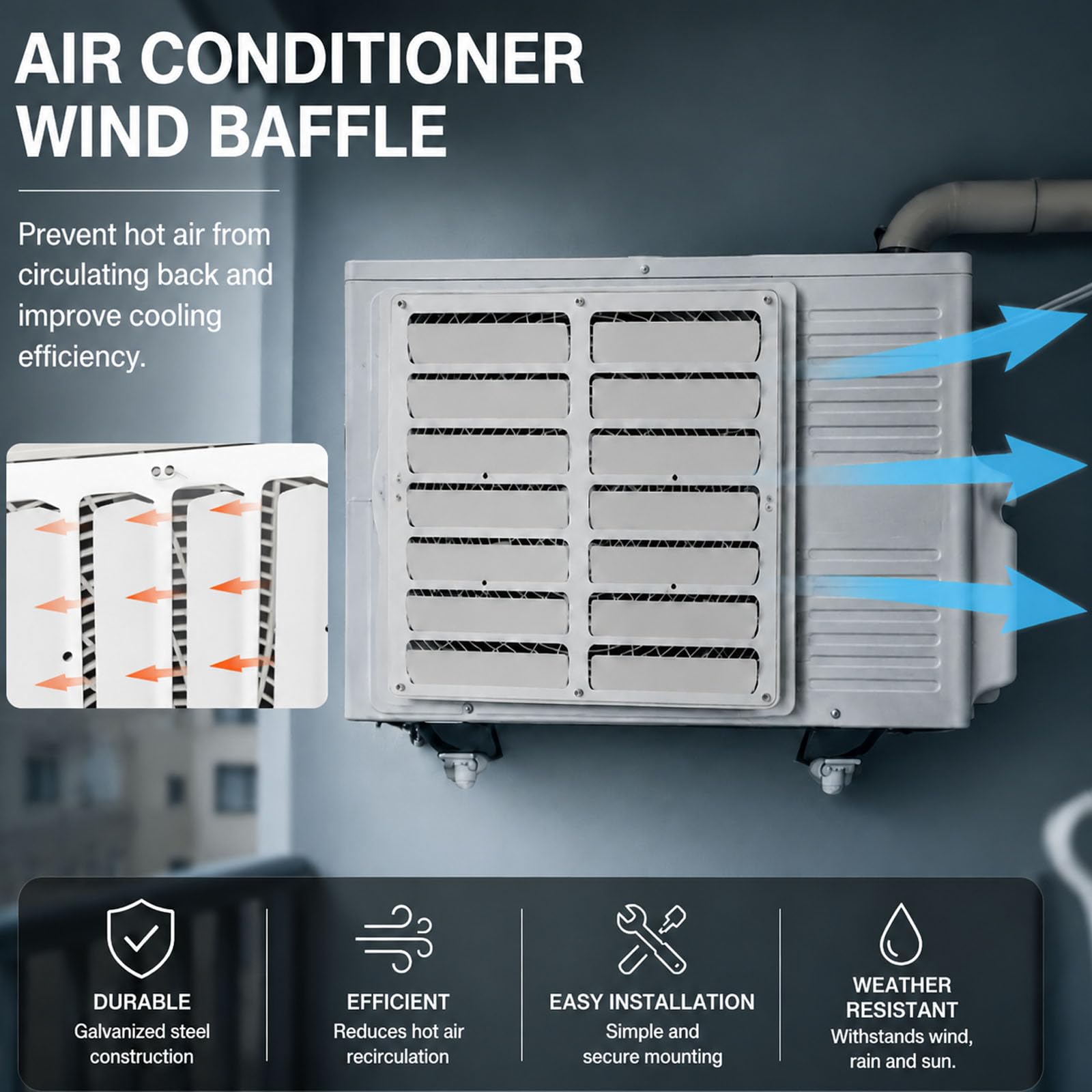 Deflettore D'Aria per Unità Esterna Condizionatore Copertura Deflettrice per Condensatore Protezione Antivento In Acciaio Zincato Installazione Senza Fori Adatto per Uso Esterno 50x50cm/19.7x19.7in