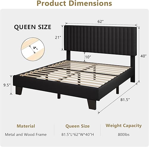 Miniatura 2 de iPormis - Base de cama tamaño Queen, plataforma tapizada con cabecero de lino vertical, patas de cama anchas y soporte de listones de madera