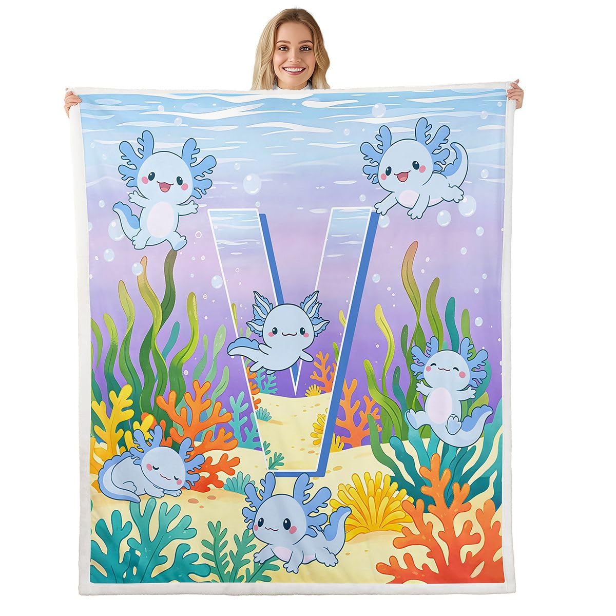 Homewish Uroczy niebieski koc polarowy Axolotl 229 x 229 cm na kanapę