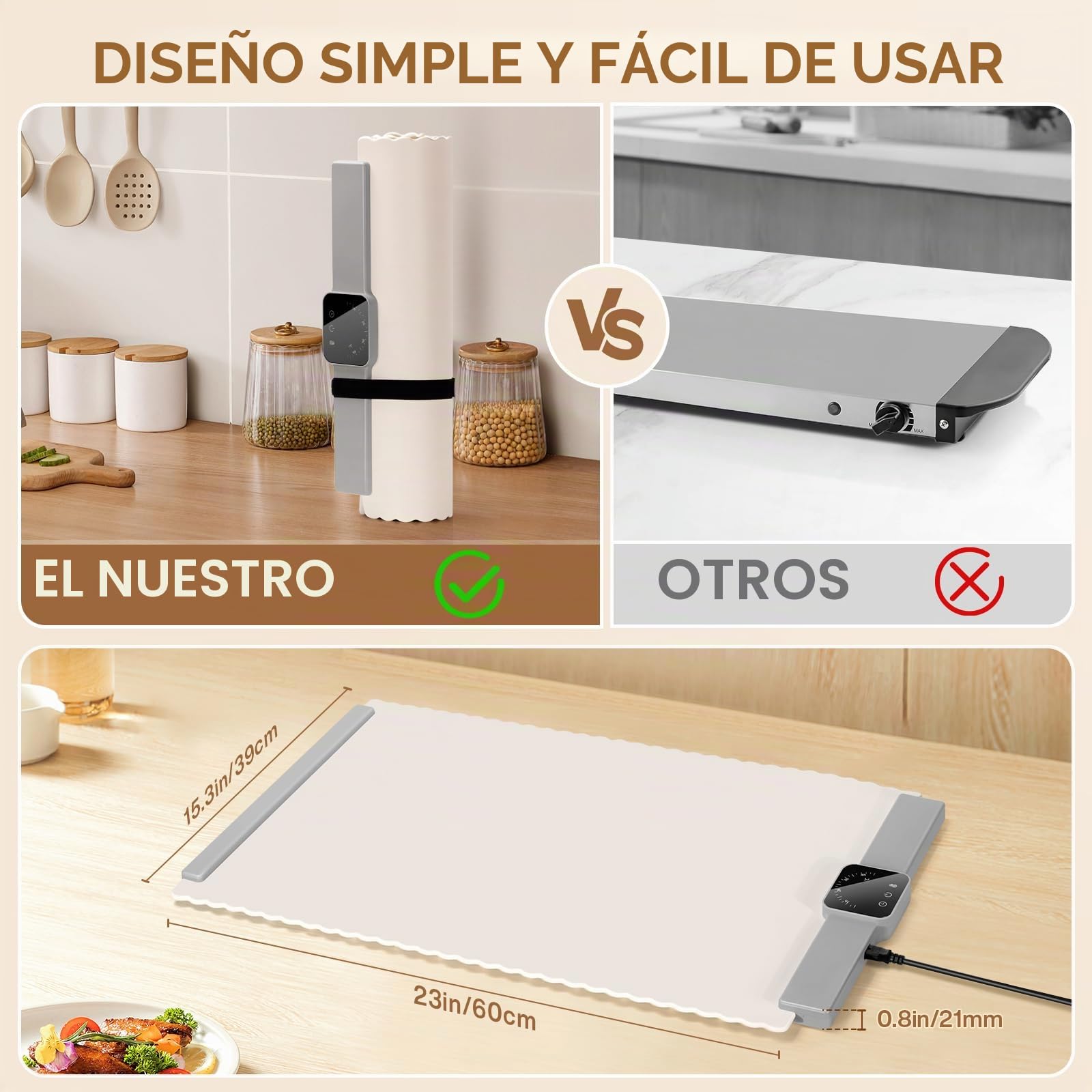 DoubleCare Alfombrilla de calefacción de silicona para alimentos, bandeja enrollable con 5 ajustes de temperatura y temporizador de 4 horas