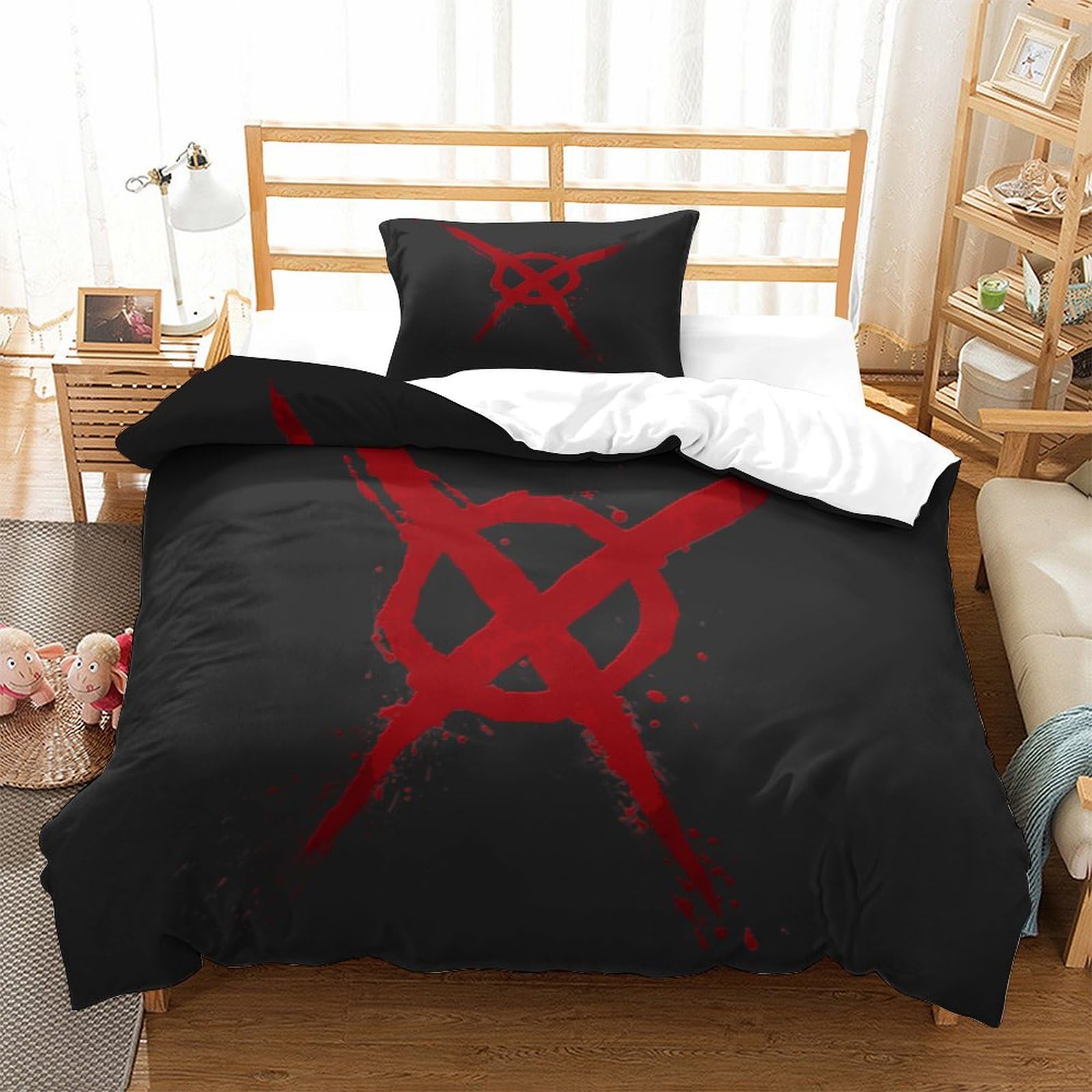 P1s9u7w5y Blood Splash-5 3D Printed Red Geometric Pattern 3Pcs Duvet Cover Set Microfiber Black Abstract Geometric Bedding Set Single（135X200cm）