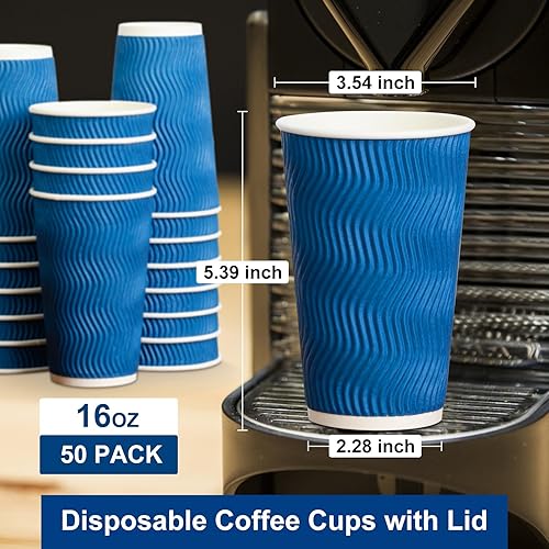 Miniatura 4 de PARACITY Tazas de café desechables de papel aislado, 16 onzas, paquete de 50 con tapas, ondulación de doble pared, para bebidas, viajes