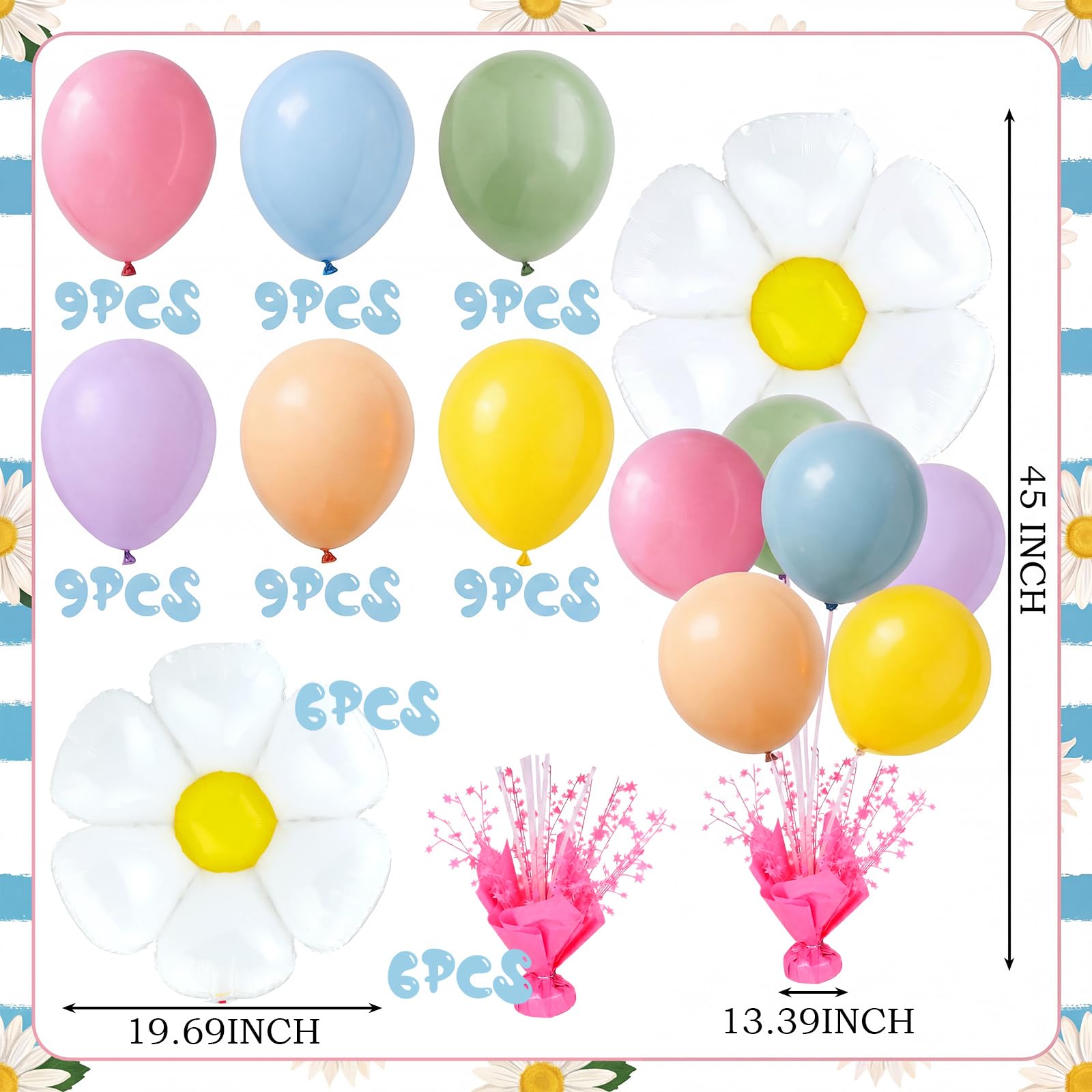 Civaner Lot de 6 supports de ballons de fête en forme de marguerite blanche pastel pour tables de printemps, fête des mères, fête prénuptiale, fête prénatale, mariage