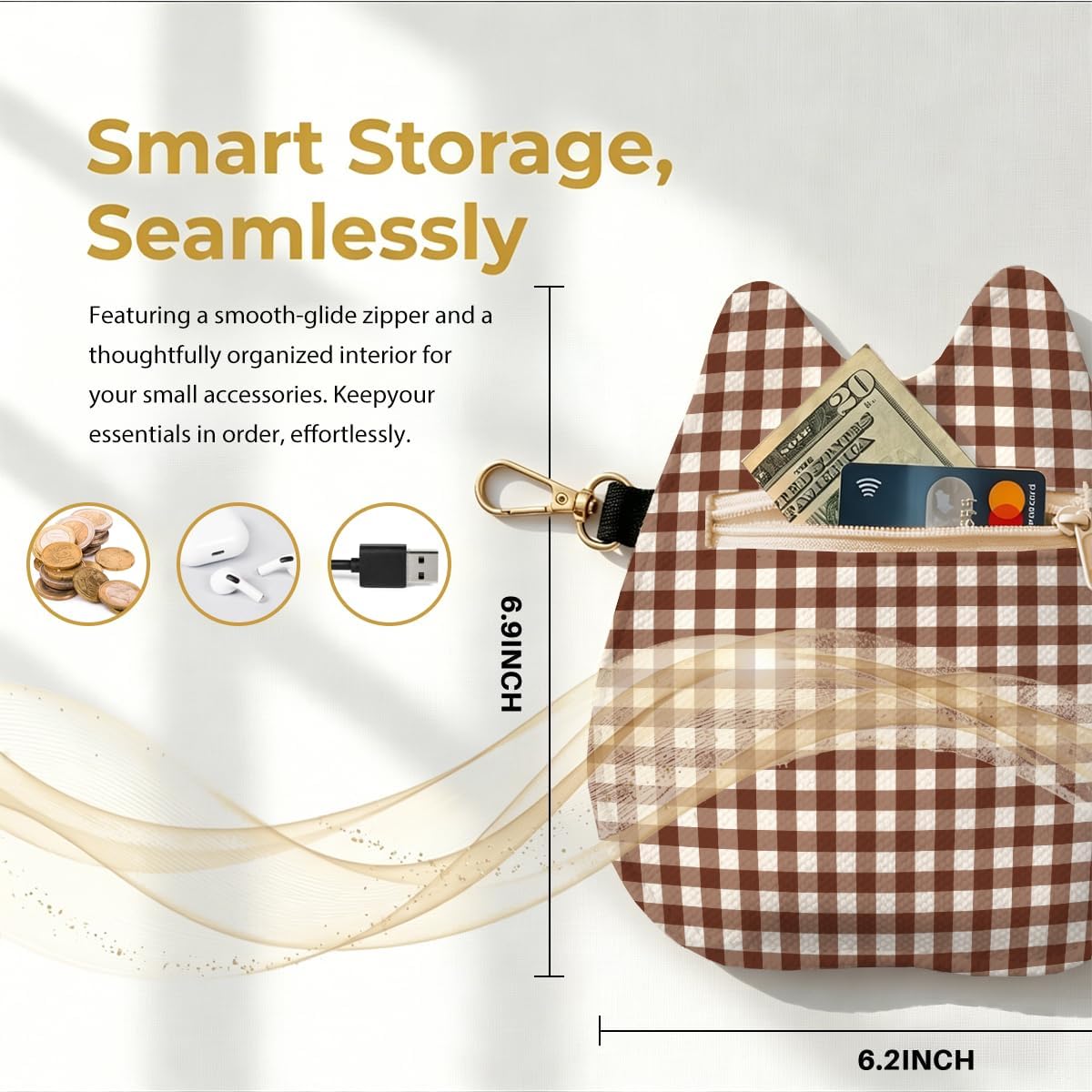 Cat-Shaped Coin Purse, Brown Gingham Mini Zipper Velvet Change Pouch with Keychain, Portable Coin Pouch Small Wallet for Women Mom, Cute Cat Lover Gifts, Ideal for Earbuds Lipstick Backpack Charm