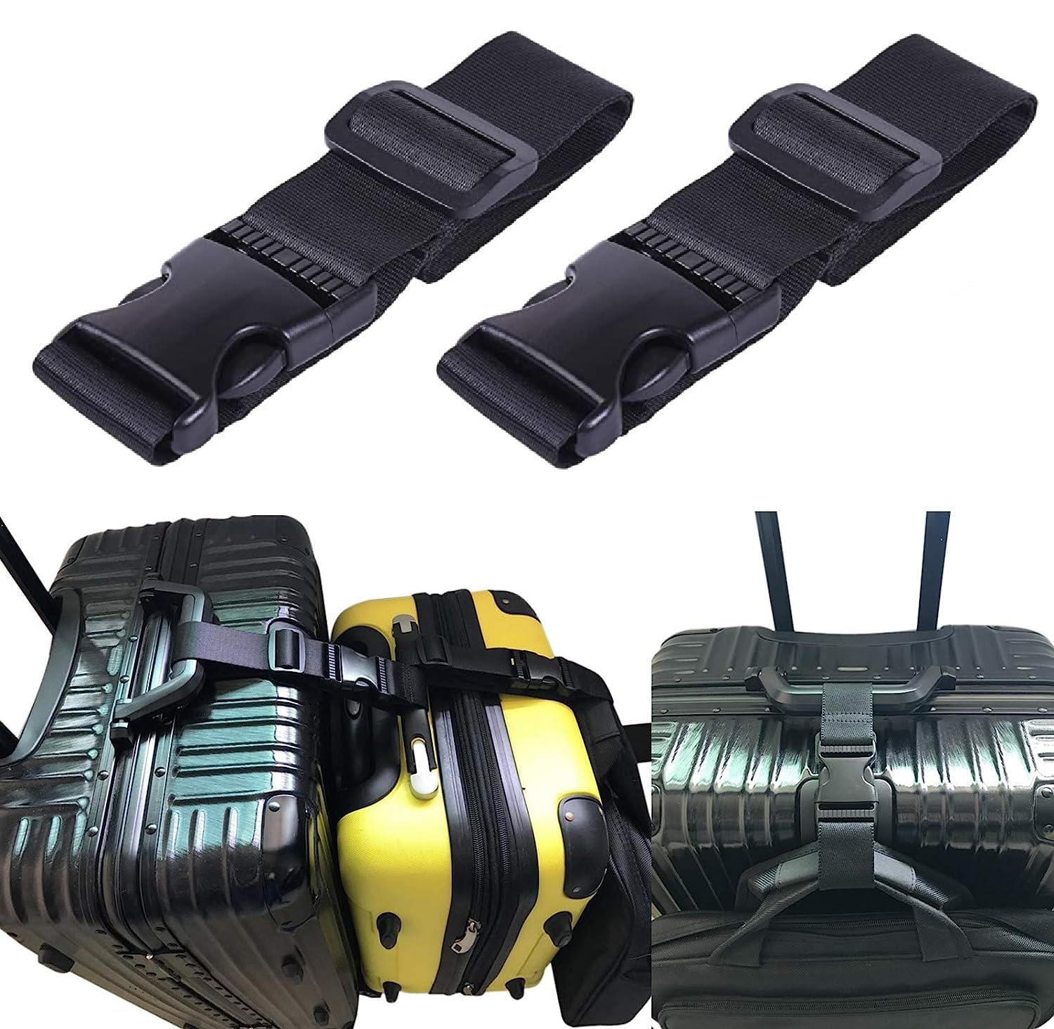 Add a Baggage Belt Strap 1.5" x1Mtr for Luggage Bags Unisex Connect Your 3 luggages 2 Pack (Black)