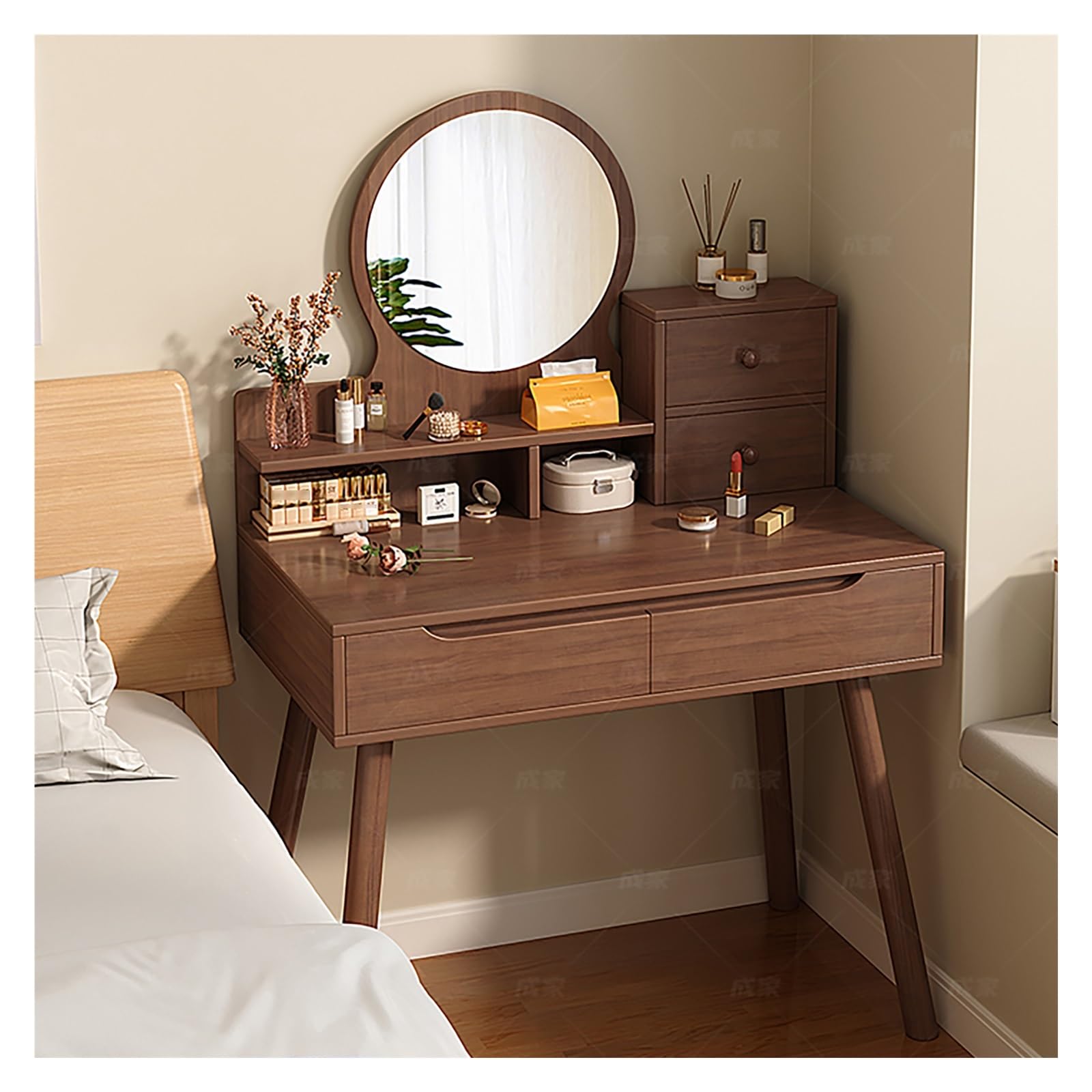 GLMGBP small vanity Table for Bedrooms and Small Spaces, Multiple Storage Spaces, Stable Structure, Strong Load-Bearing Capacity (Walnut