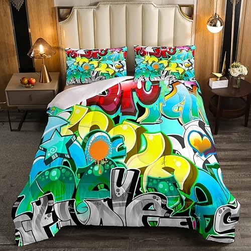 Erosebridal Juego de edredón de graffiti matrimonial, juego de ropa de cama de graffiti hiphop hippie para niños, adolescentes y hombres, edredón de
