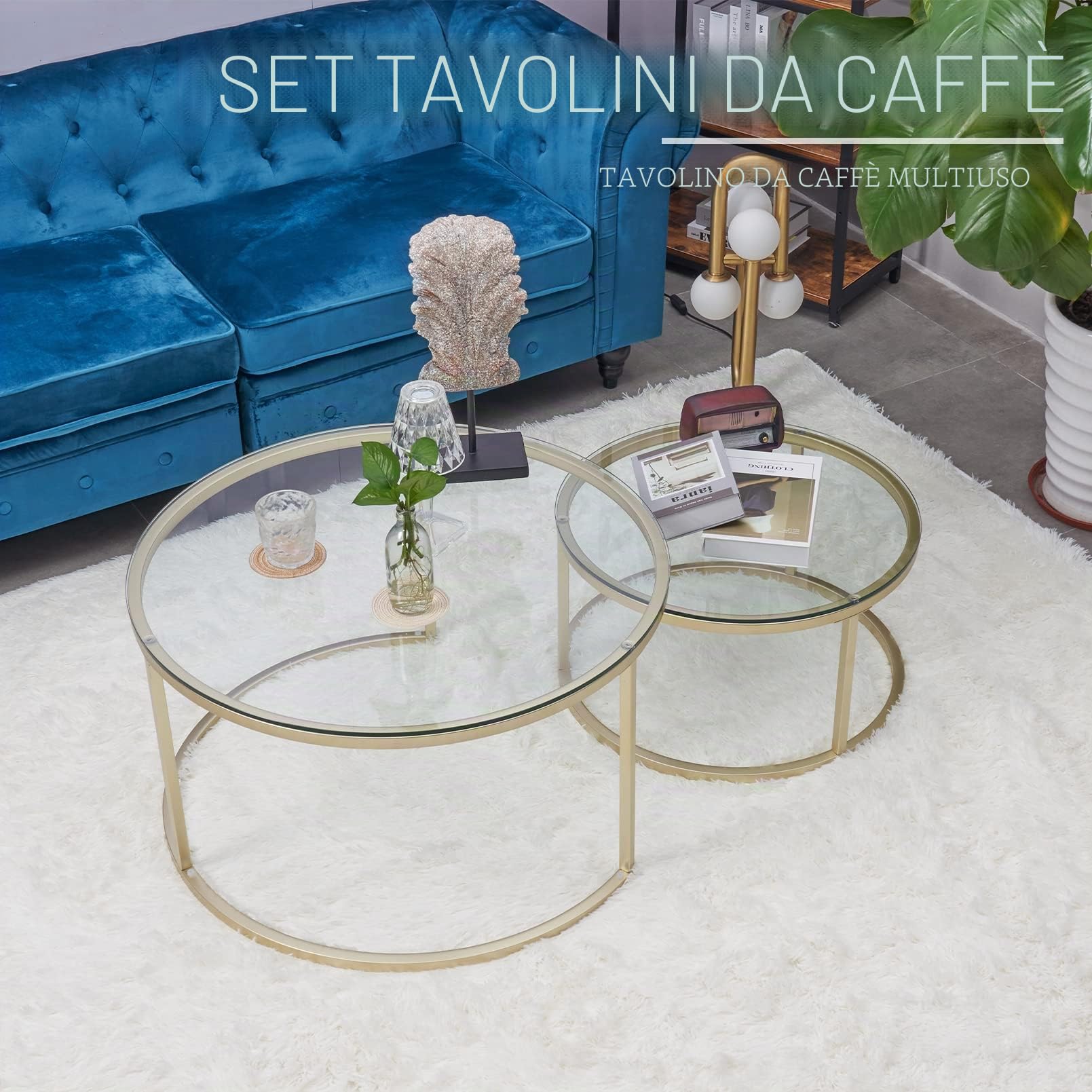Huuryoudo Set di 2 tavolini da salotto, in vetro dorato con struttura in metallo, per balcone, divano, tavolo con piccolo tavolo da salotto, piano in vetro dorato