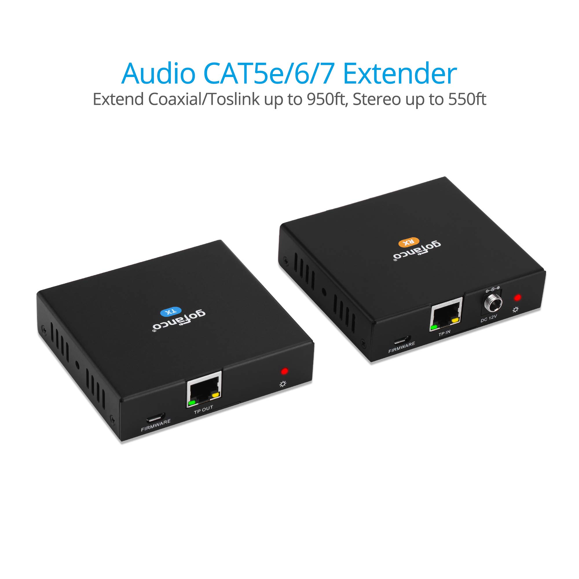 Gofanco Audio Extender Over Ethernet (CAT5e/6) – Transmits Digital Toslink & Analog Audio Up To 984 Ft, Supports Dolby Digital 5.1, DTS, 24-bit/192kHz, With PoC