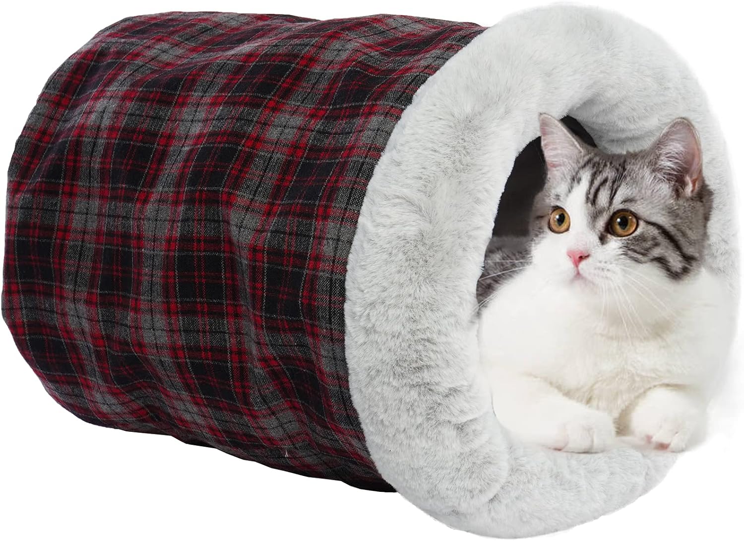 IECOii Fleece Crinkle Cat Tunnel Bed, Red Plaid Cat Toy Tunnel, Cat Toys with Sound Paper, Collapsible Cat Bed Cave, Cute Soft Kitty…