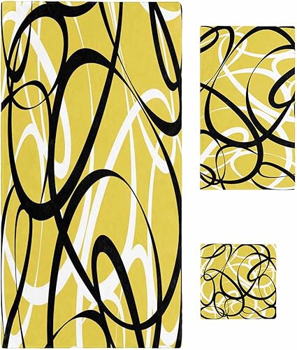 Juego de toallas de baño de 3 piezas con diseño geométrico amarillo, línea blanca y negra, arte abstracto moderno, toalla suave y absorbente para