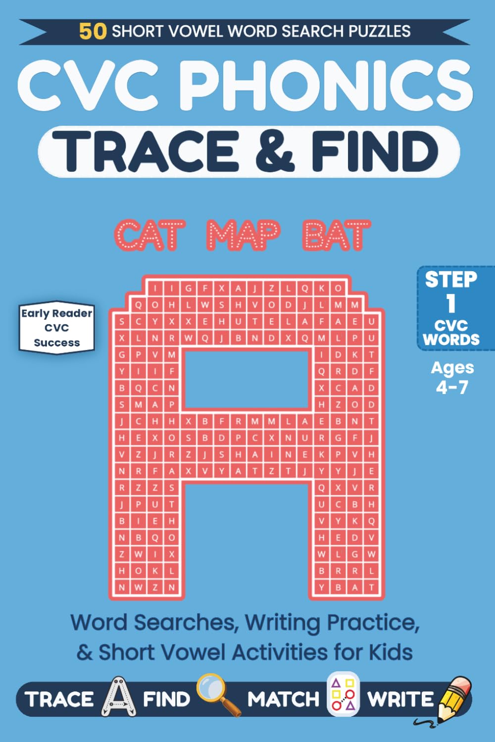 CVC Phonics Trace & Find: Word Searches, Writing Practice, & Short Vowel Activities for Kids