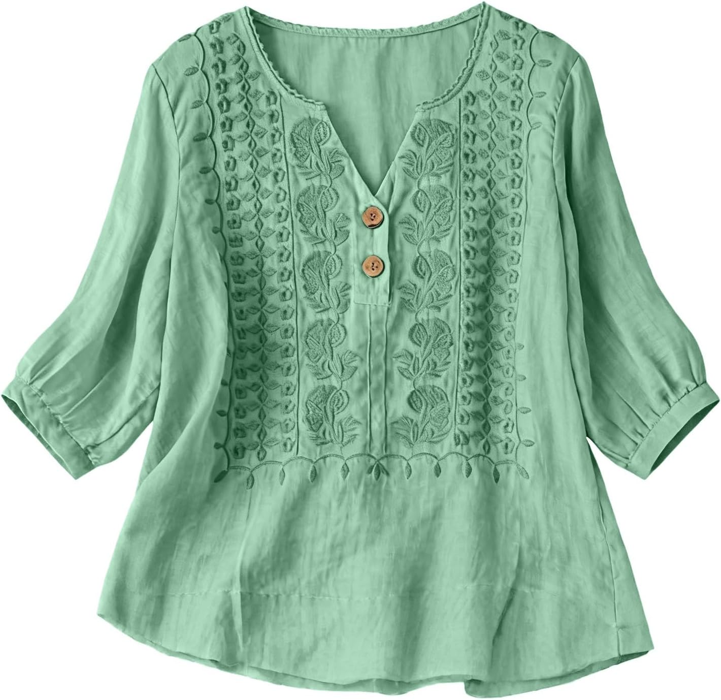 Embroidered Linen Shirts for Women - v Neck 3/4 Sleeve Length Boho Tops Plus Size Tunics Summer Dressy Casual Blouses - Image 5