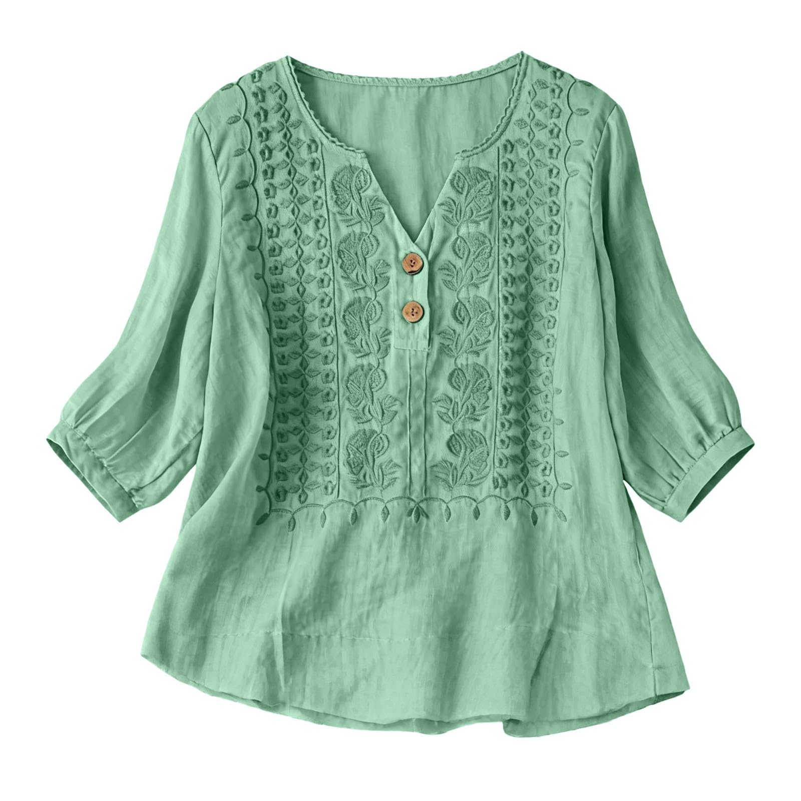 Embroidered Tops for Women Summer Gauze Shirts Cotton Linen Tops Loose Vacation Beach Solid Blouses