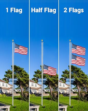 ZMTECH 20FT Sectional Silver Flag Pole heavy duty Kit for Outside, 6m Aluminium Garden Flag Pole Stand with a 3x5 USA Flag, Rope and Clips for Festival, Yard, House, Residential&Commercial Use(Silver)