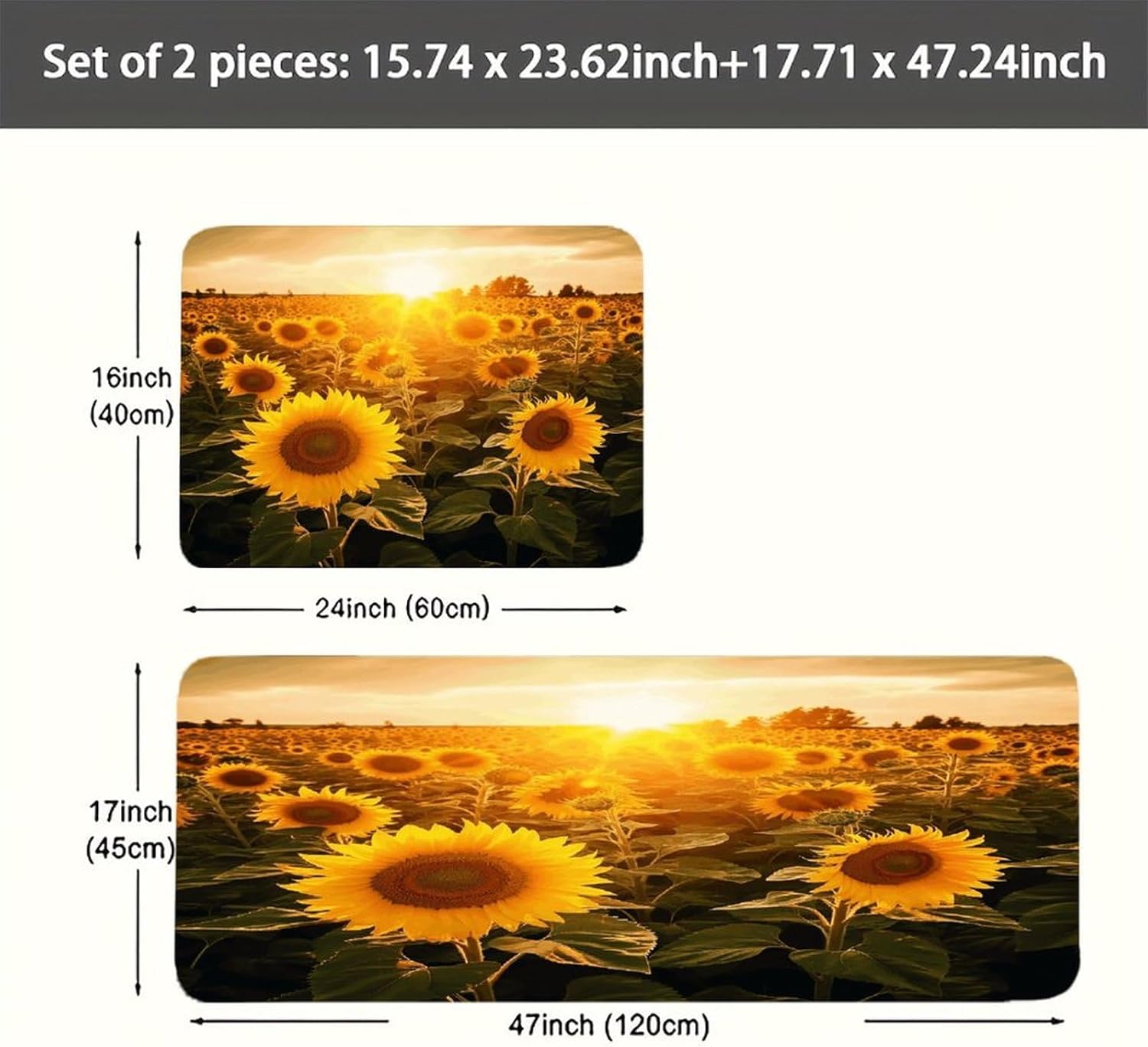 Sunshine Sunflower Field Kitchen Mat Washable Non Slip Rugs Soft Kitchen Mats for Floor Set of 2 PCS Cushioned Absorbent Runner Standing Rugs for Home Sink Laundry Office