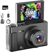 Digital Camera (5K Video Recording, 75 Million Pixels, 180° Flip Screen), Digital Camera, 64 GB, Micro SD Card Included, AF Autofocus, Compact Camera, 2.83-inch Large IPS Screen, 18x Zoom, Flash, Vibration Correction, Webcam, Rechargeable, Large Capacity 